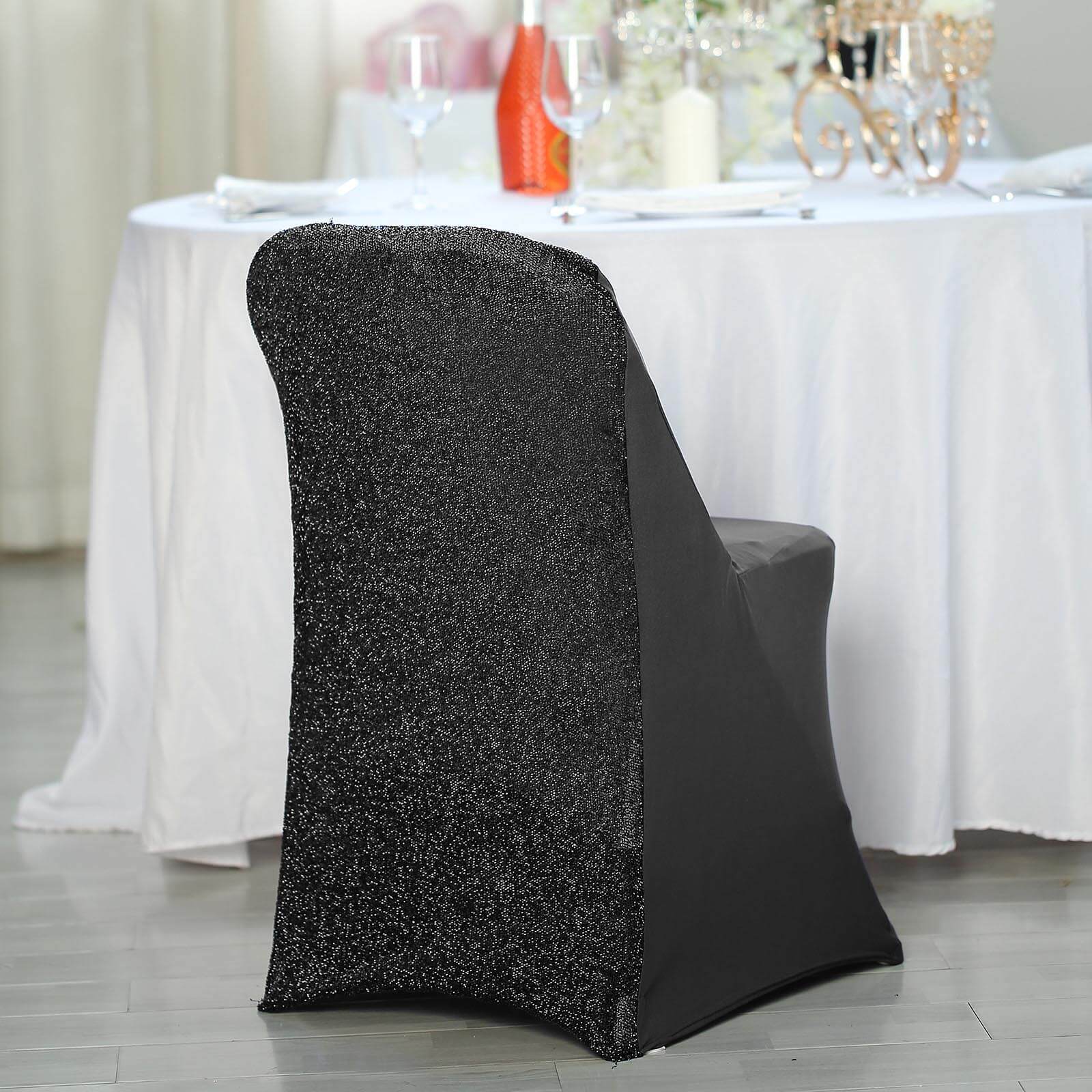 Stretch Spandex Chair Cover Black for Folding Chairs - Metallic Shimmer Tinsel Back Design Fitted Slipcover - Linen Luxes