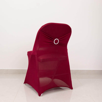Stretch Spandex Chair Cover Burgundy for Folding Chairs - Secure Fit Slipcover with Silver Rhinestone Buckled Sash Band