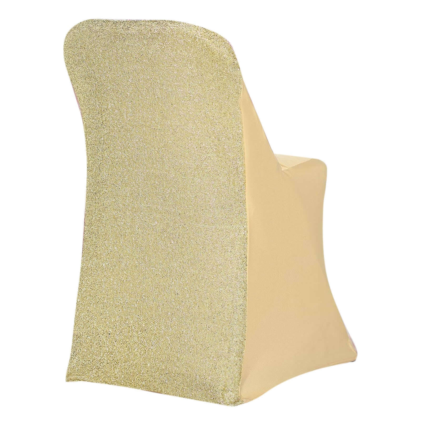 Stretch Spandex Chair Cover Champagne for Folding Chairs - Metallic Shimmer Tinsel Back Design Fitted Slipcover - Linen Luxes
