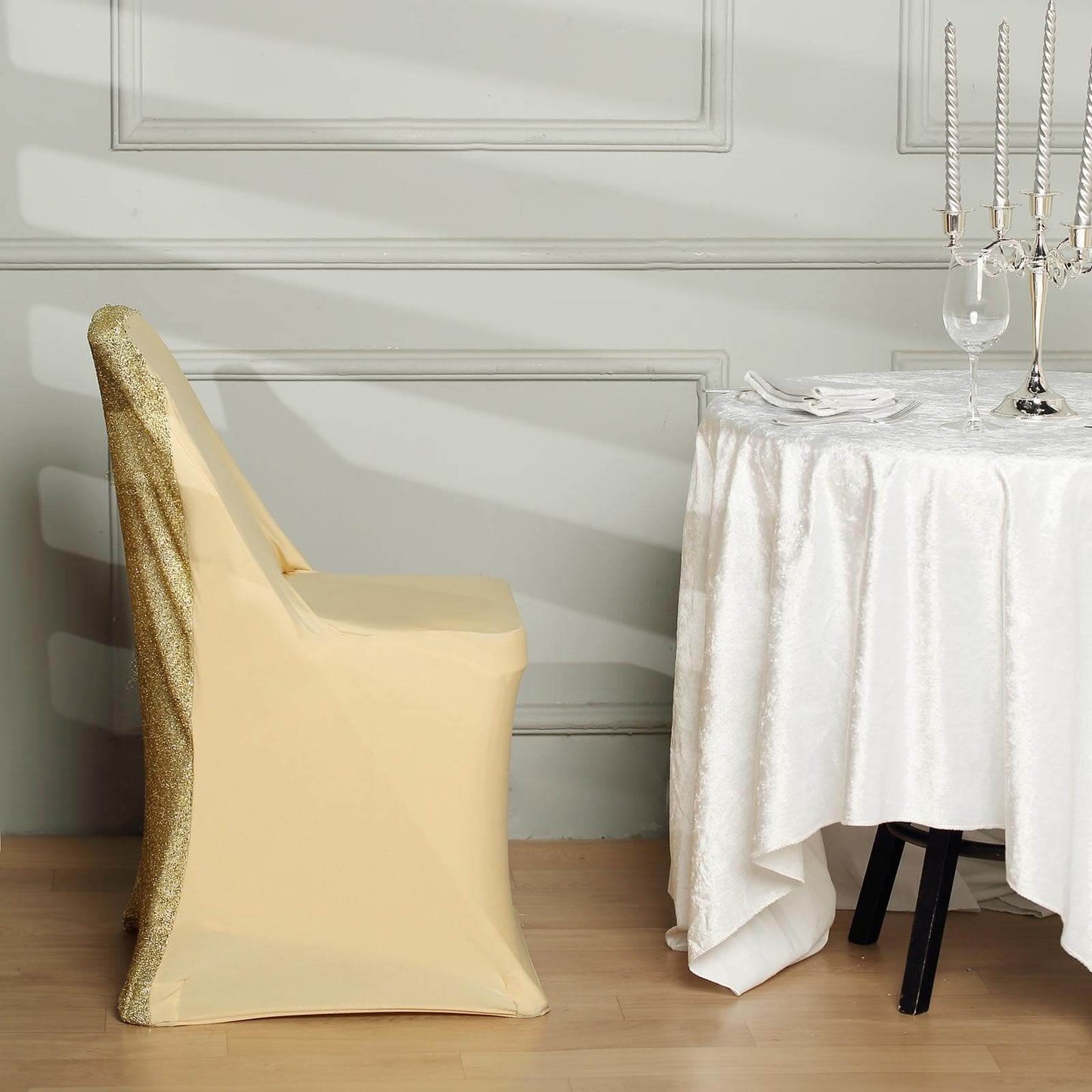 Stretch Spandex Chair Cover Champagne for Folding Chairs - Metallic Shimmer Tinsel Back Design Fitted Slipcover - Linen Luxes
