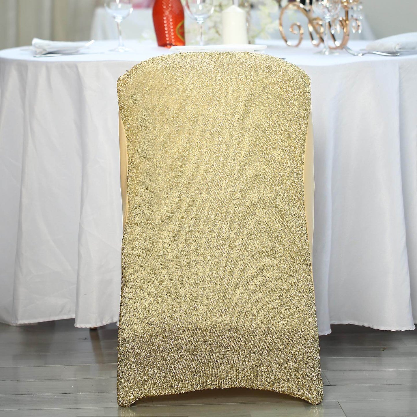 Stretch Spandex Chair Cover Champagne for Folding Chairs - Metallic Shimmer Tinsel Back Design Fitted Slipcover - Linen Luxes