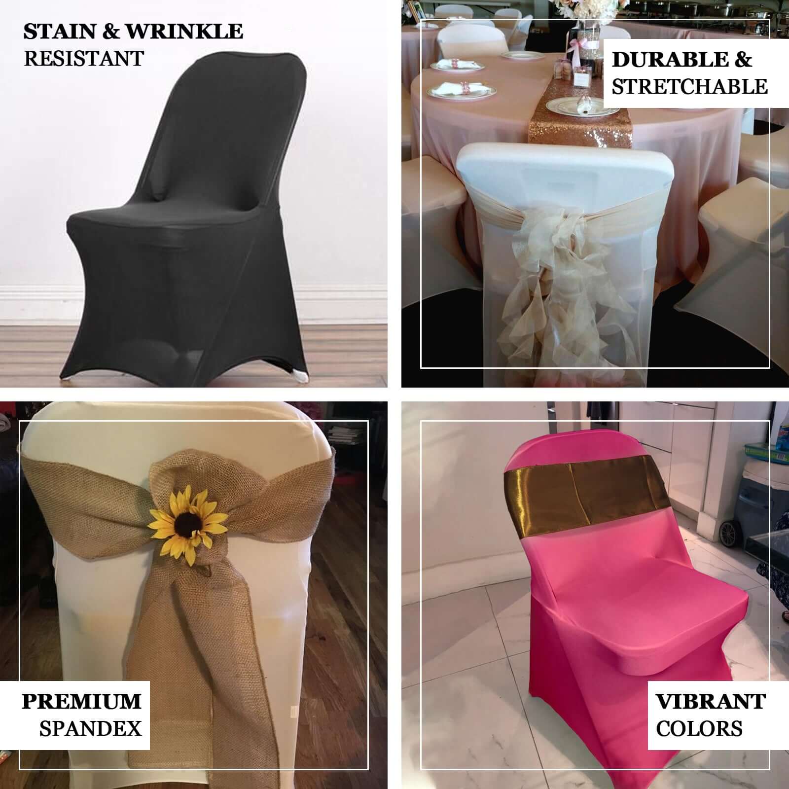 Stretch Spandex Chair Cover Champagne for Folding Chairs - Reusable & Wrinkle - Resistant 160GSM Fitted Slipcover - Linen Luxes