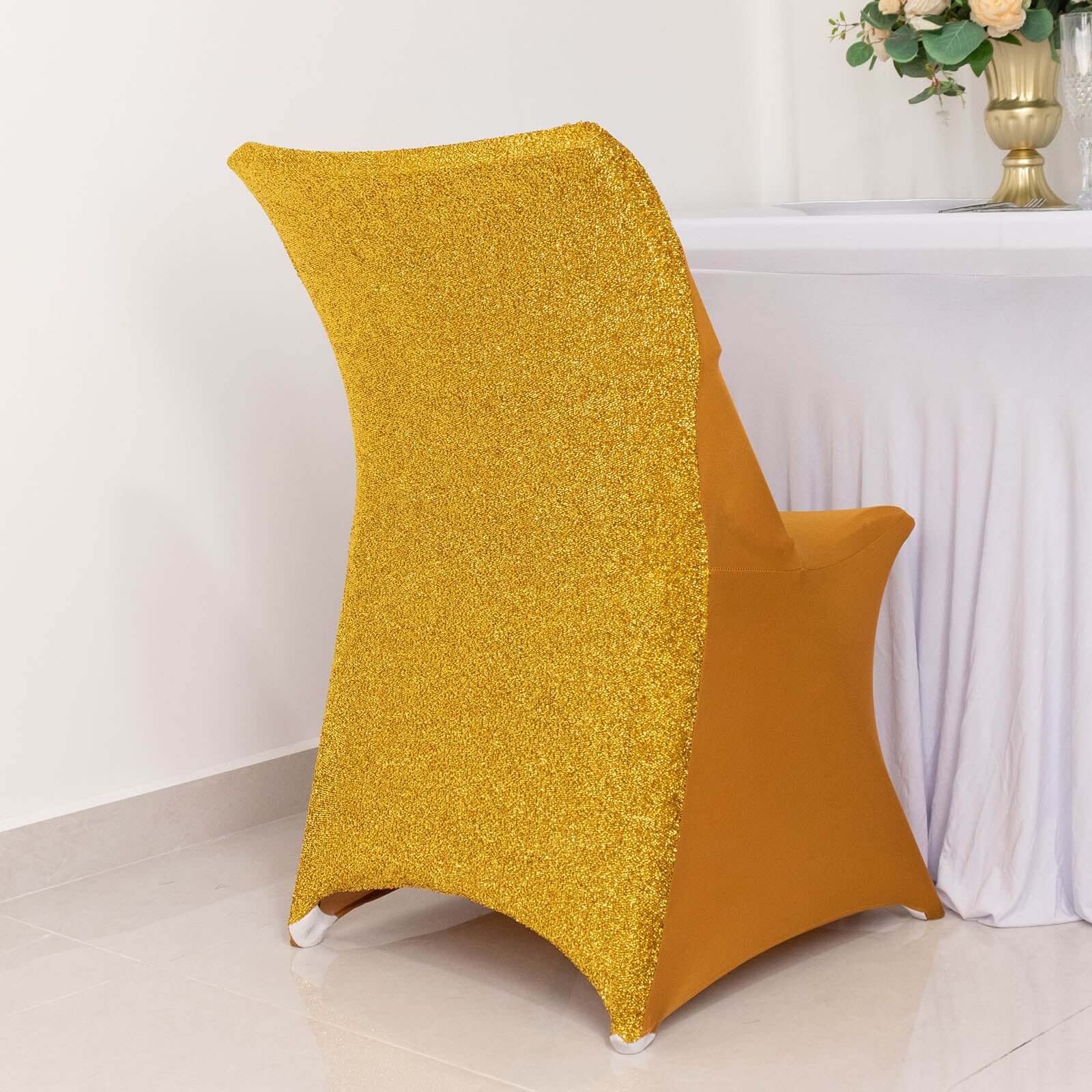 Stretch Spandex Chair Cover Gold for Folding Chairs - Luxurious Metallic Shimmer Tinsel Back Design Fitted Slipcover - Linen Luxes
