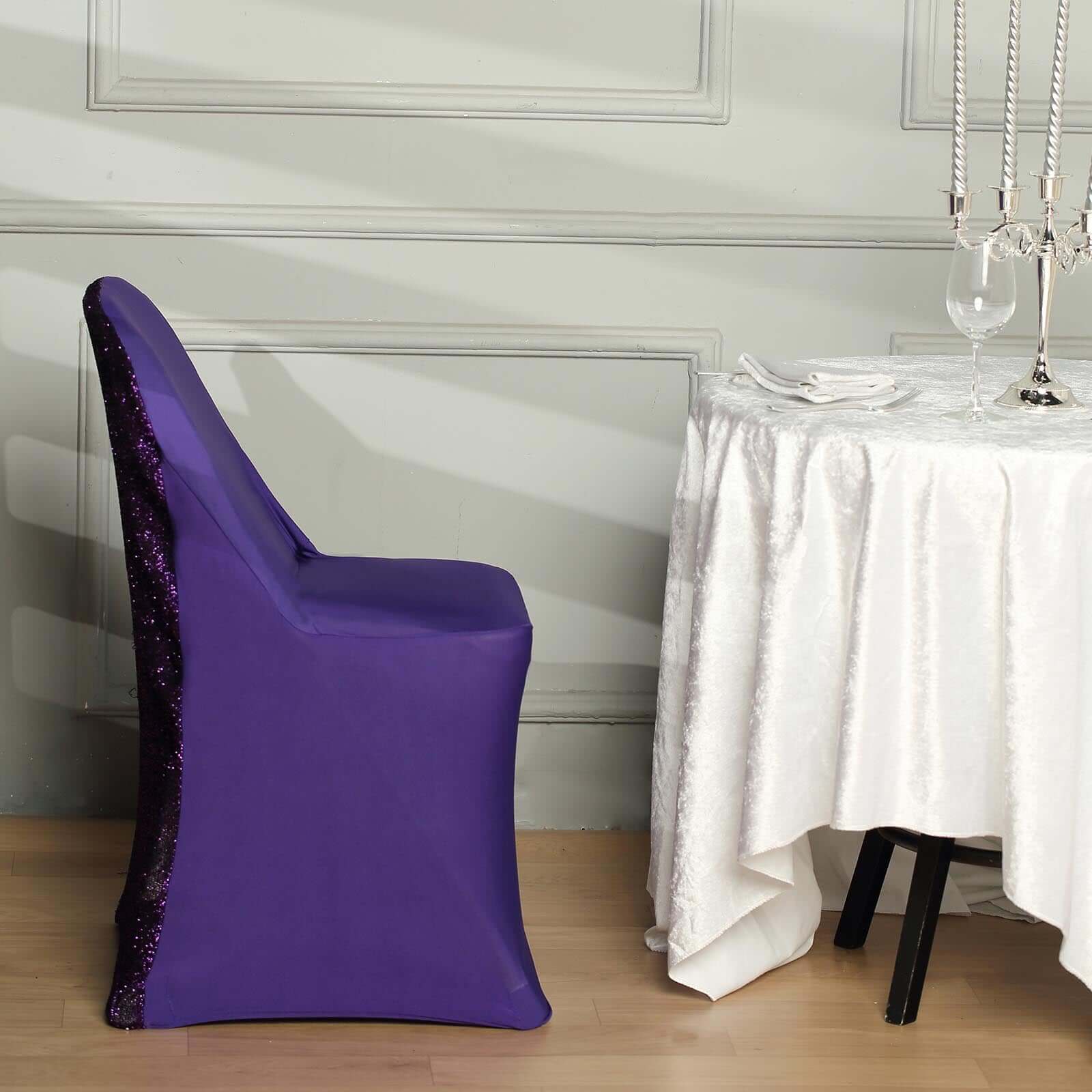 Stretch Spandex Chair Cover Purple for Folding Chairs - Metallic Shimmer Tinsel Back Design Fitted Slipcover - Linen Luxes