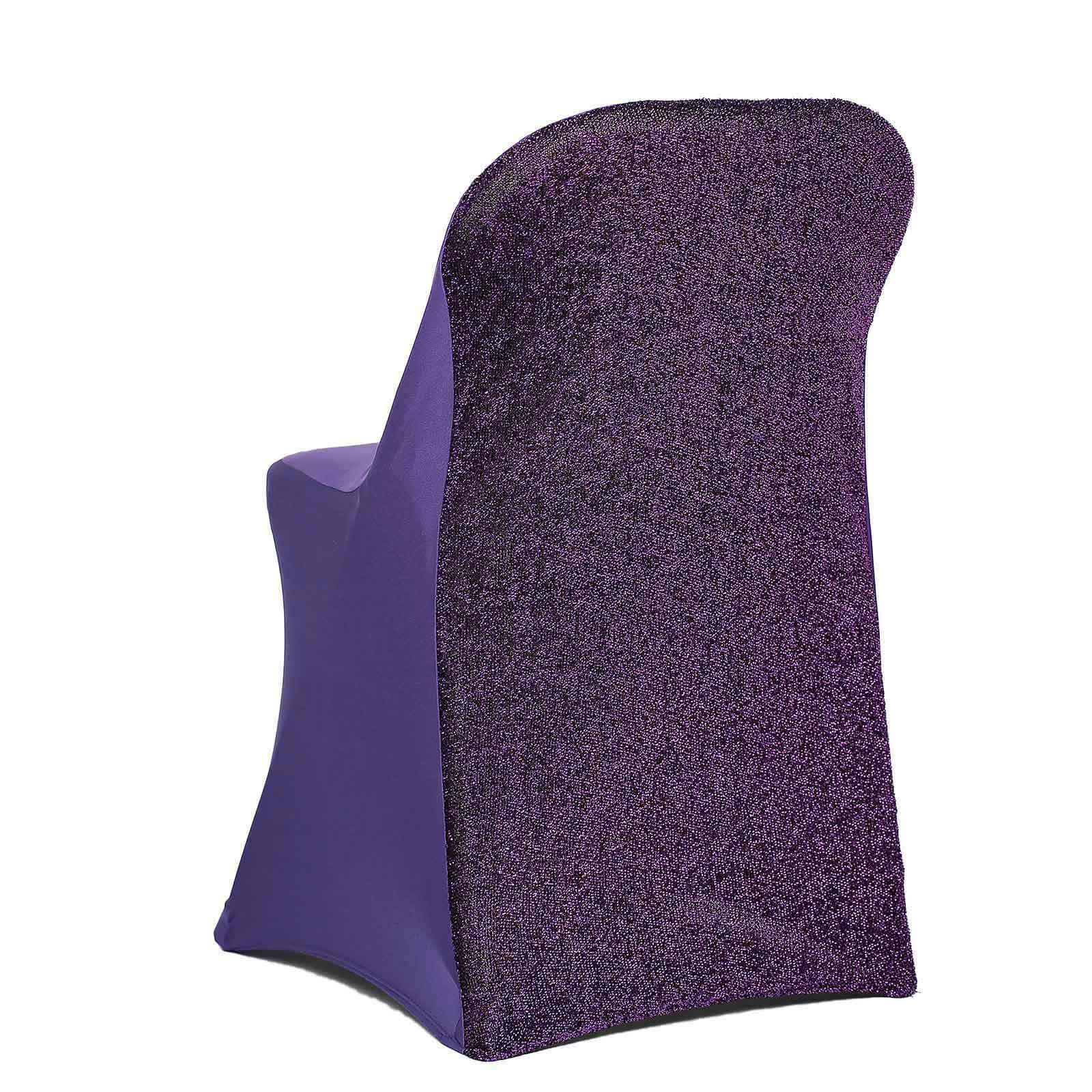 Stretch Spandex Chair Cover Purple for Folding Chairs - Metallic Shimmer Tinsel Back Design Fitted Slipcover - Linen Luxes