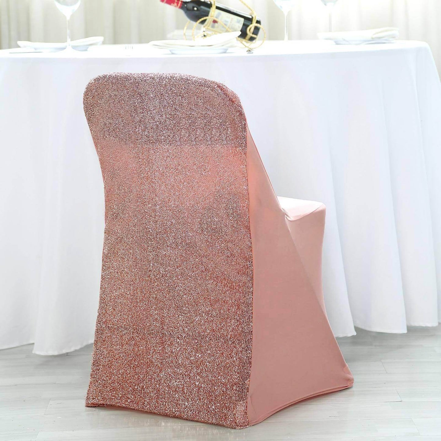 Stretch Spandex Chair Cover Rose Gold for Folding Chairs - Metallic Shimmer Tinsel Back Design Fitted Slipcover - Linen Luxes