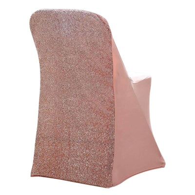 Stretch Spandex Chair Cover Rose Gold for Folding Chairs - Metallic Shimmer Tinsel Back Design Fitted Slipcover - Linen Luxes