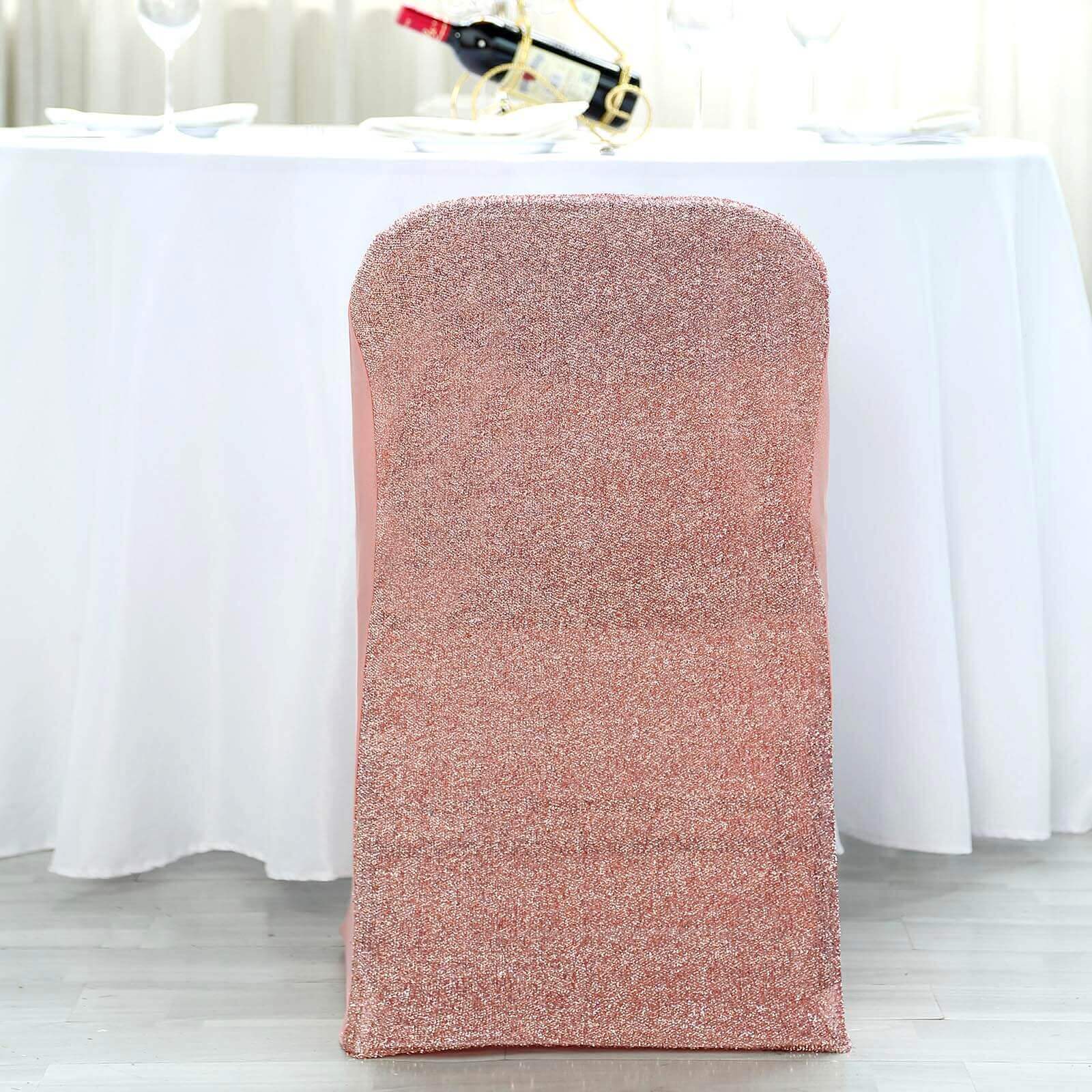 Stretch Spandex Chair Cover Rose Gold for Folding Chairs - Metallic Shimmer Tinsel Back Design Fitted Slipcover - Linen Luxes