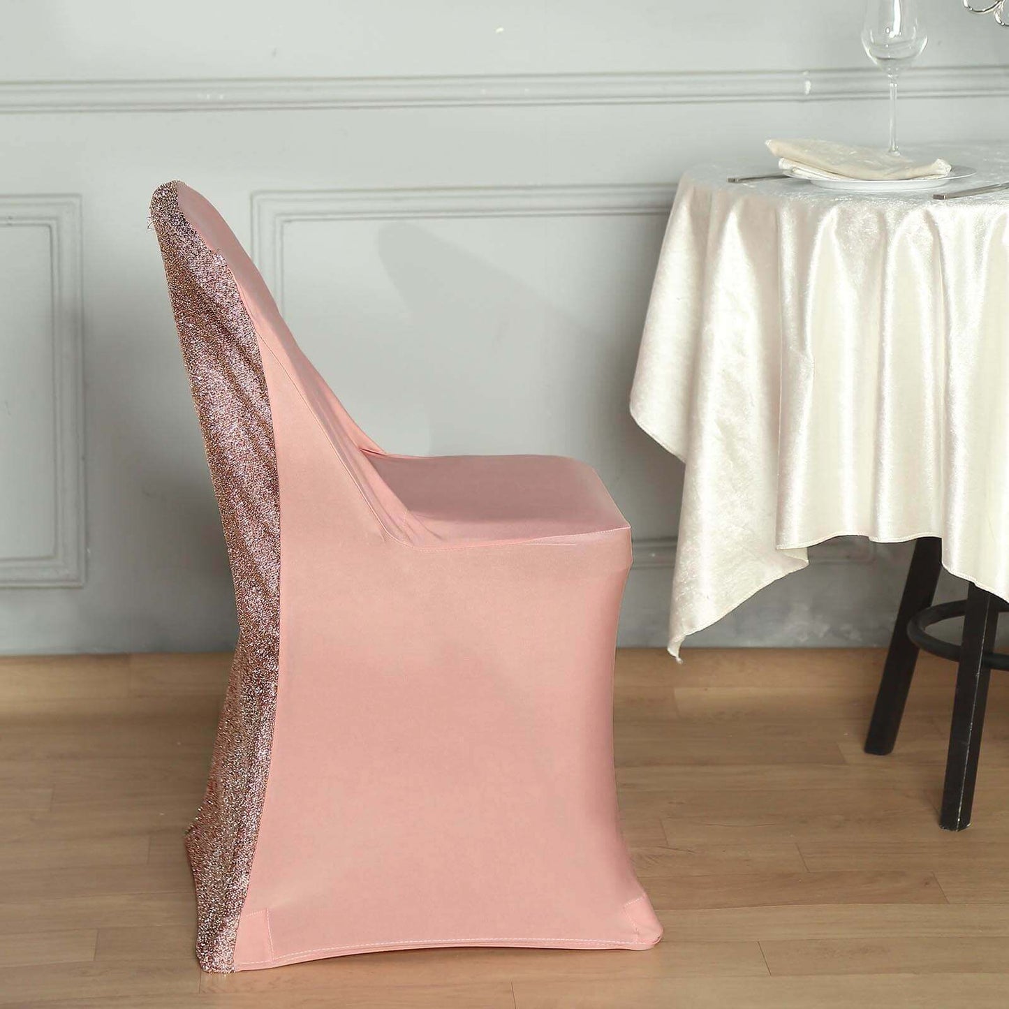Stretch Spandex Chair Cover Rose Gold for Folding Chairs - Metallic Shimmer Tinsel Back Design Fitted Slipcover - Linen Luxes
