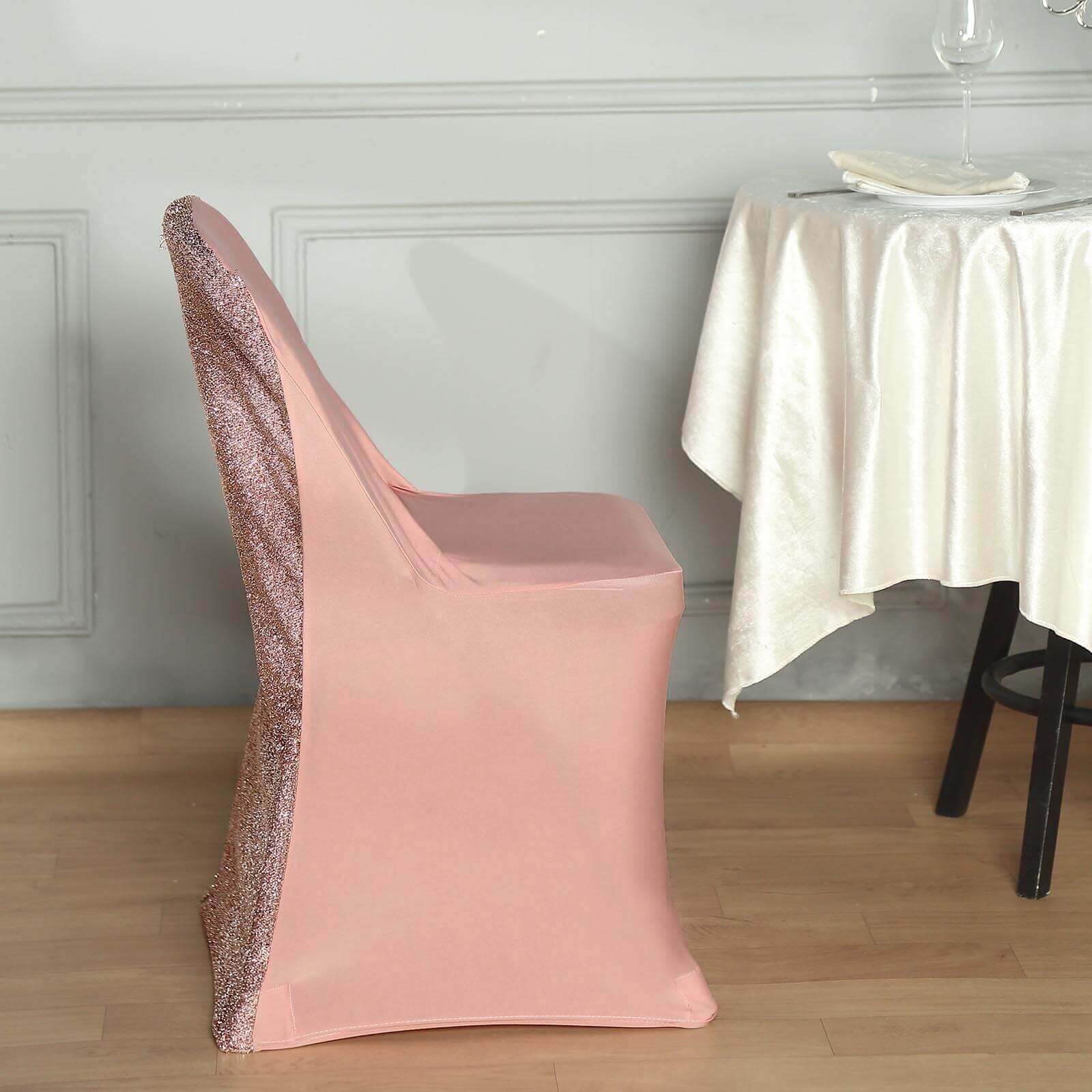 Stretch Spandex Chair Cover Rose Gold for Folding Chairs - Metallic Shimmer Tinsel Back Design Fitted Slipcover - Linen Luxes