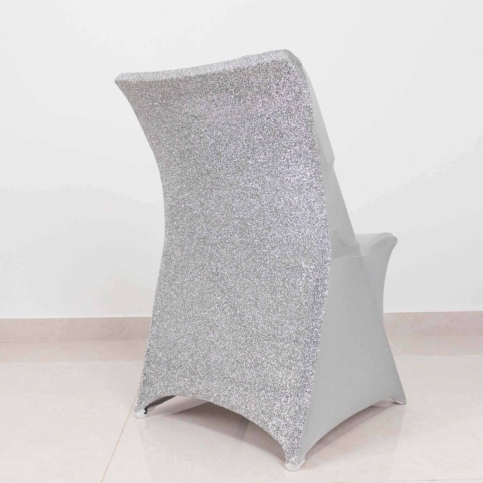 Stretch Spandex Chair Cover Silver for Folding Chairs - Metallic Shimmer Tinsel Back Design Fitted Slipcover - Linen Luxes