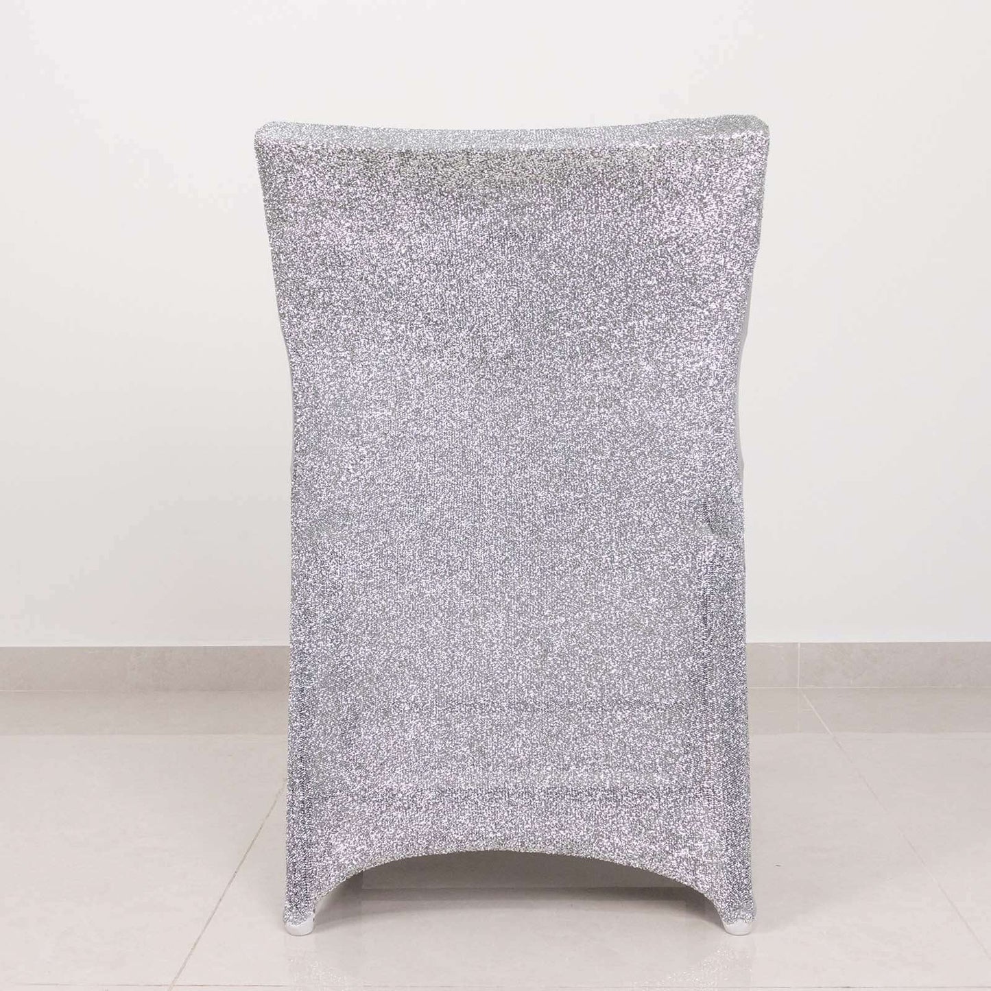 Stretch Spandex Chair Cover Silver for Folding Chairs - Metallic Shimmer Tinsel Back Design Fitted Slipcover - Linen Luxes