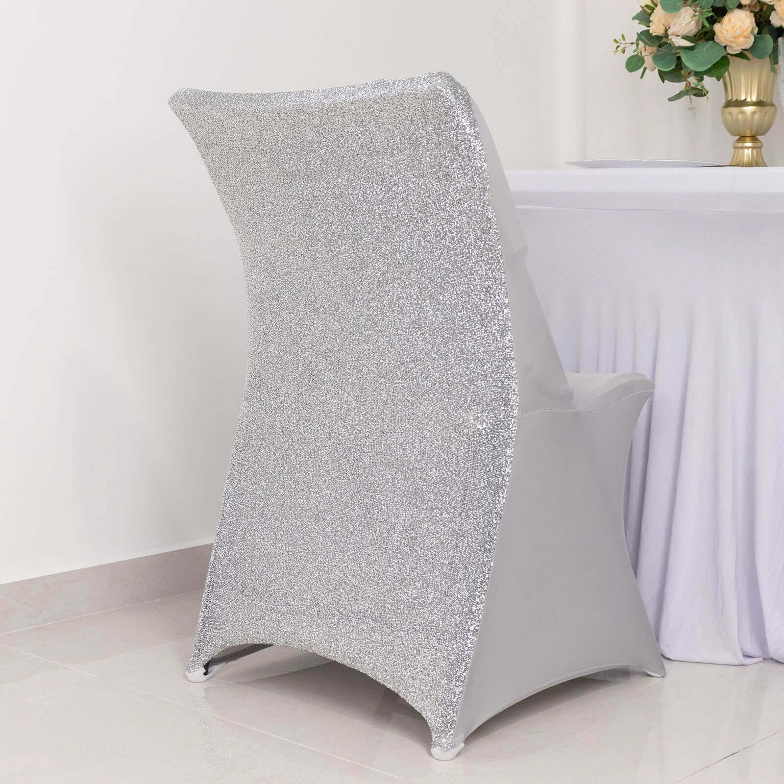 Stretch Spandex Chair Cover Silver for Folding Chairs - Metallic Shimmer Tinsel Back Design Fitted Slipcover - Linen Luxes