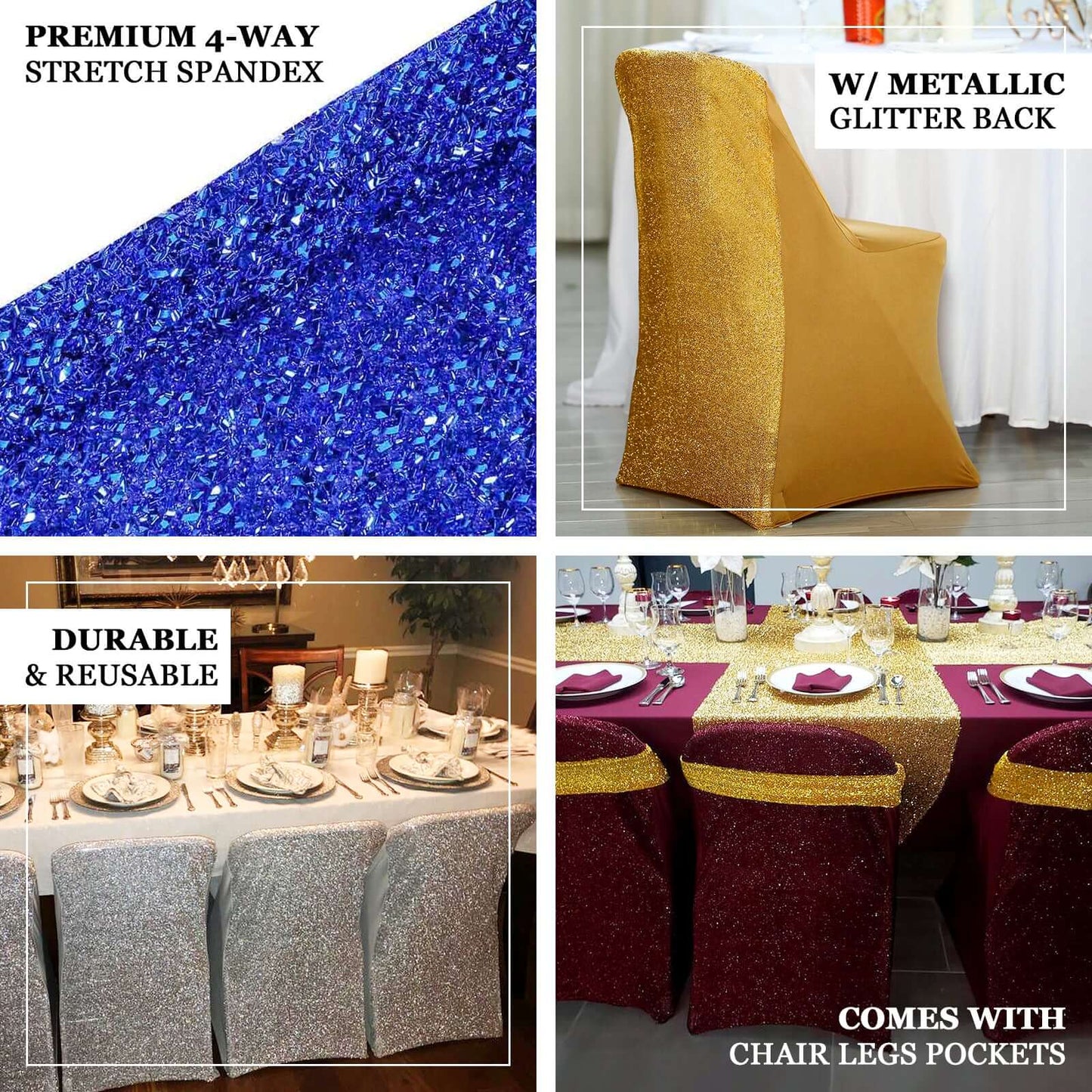 Stretch Spandex Chair Cover Silver for Folding Chairs - Metallic Shimmer Tinsel Back Design Fitted Slipcover - Linen Luxes