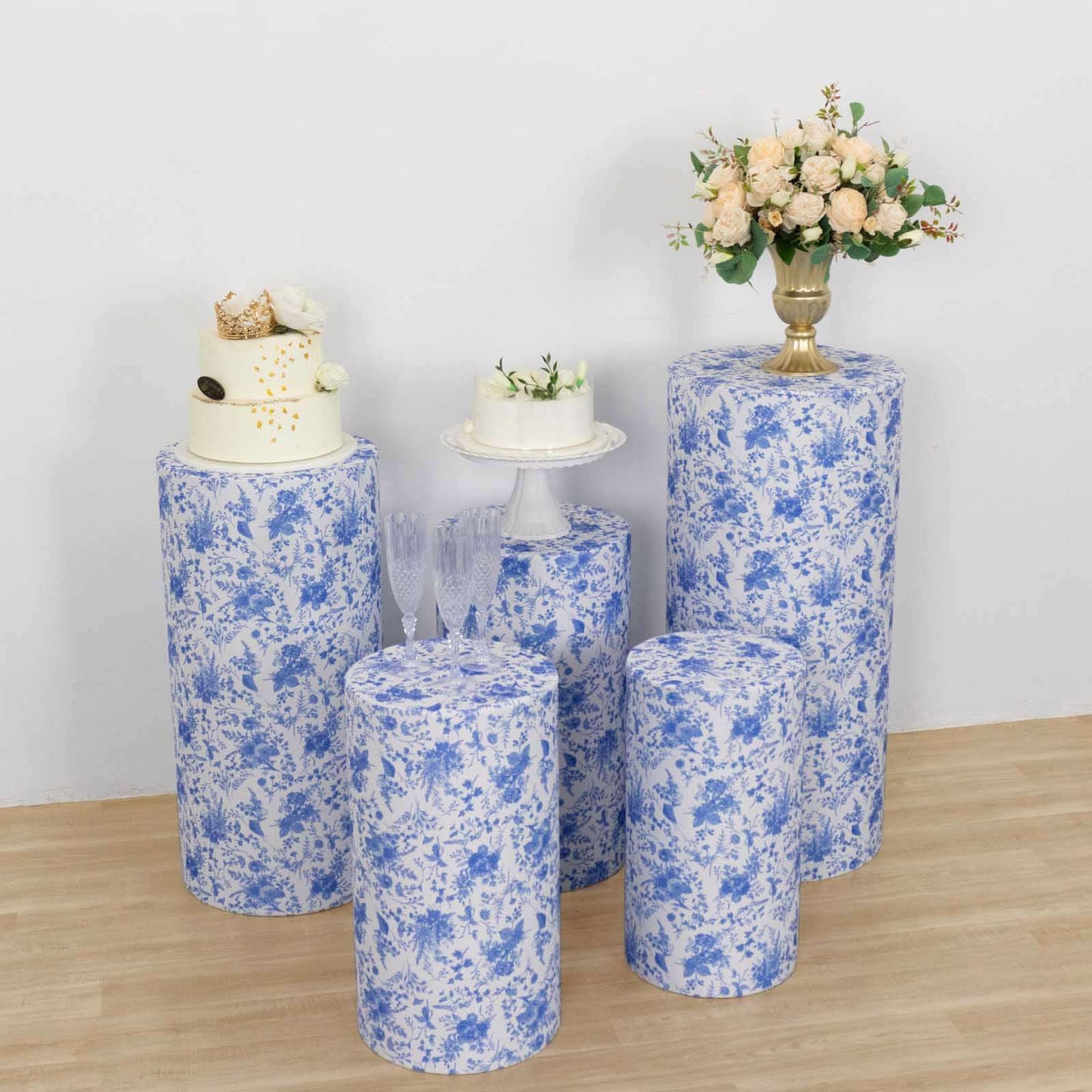 Set of 5 White Blue Spandex Cylinder Pedestal Stand Covers in French Toile Floral Pattern, Stretchable Pillar Prop Covers - 160 GSM