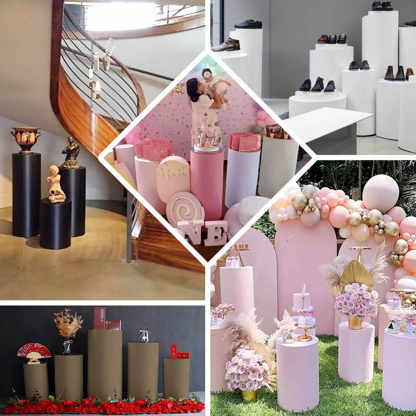 Set of 5 Lavender Lilac Spandex Cylinder Pedestal Stand Covers, Stretchable Pillar Prop Covers - 160 GSM