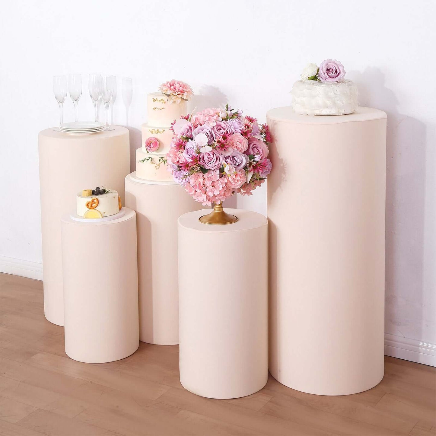 Set of 5 Blush Spandex Cylinder Pedestal Stand Covers, Stretchable Pillar Prop Covers - 160 GSM