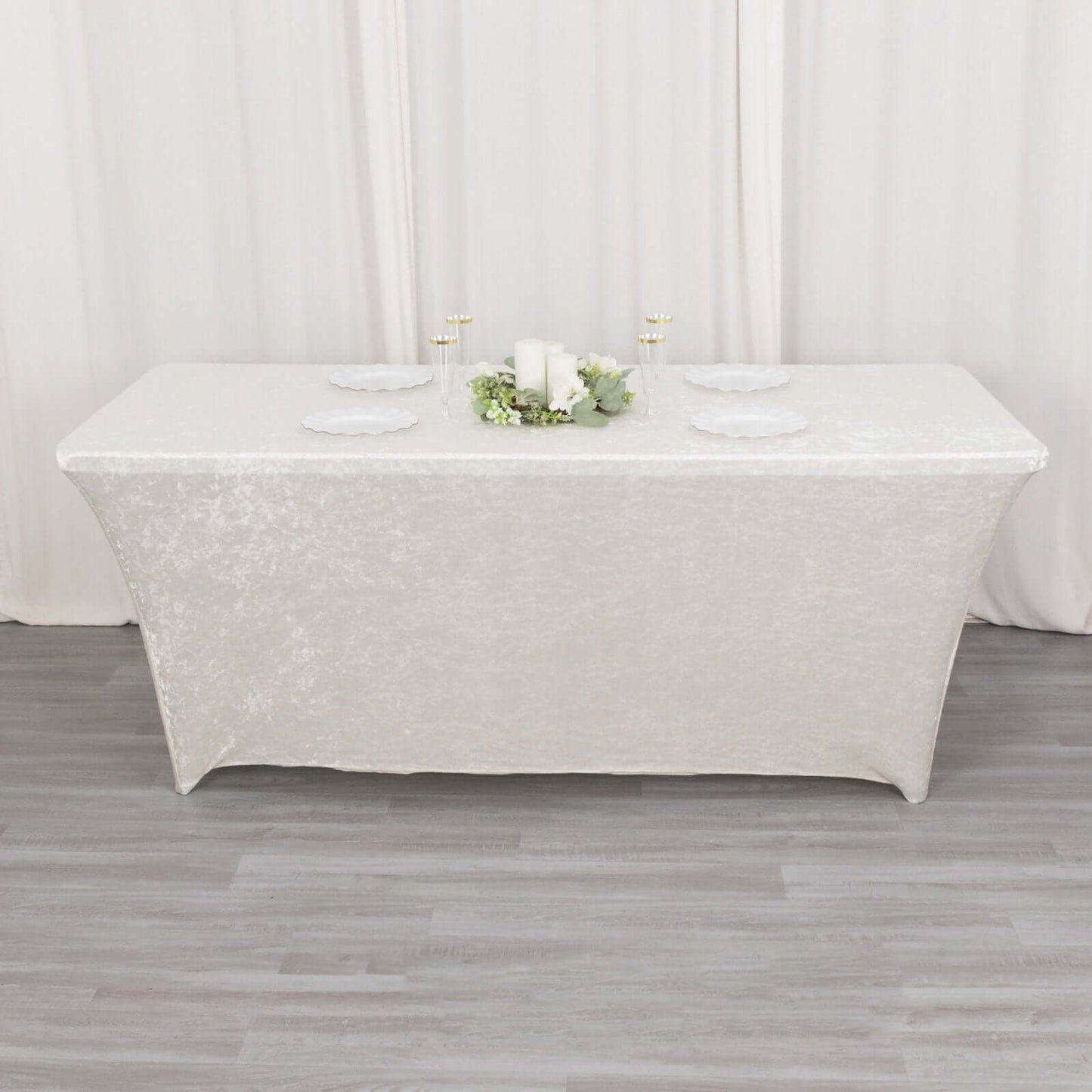 Crushed Velvet Fitted Rectangular 6ft Table Cover White - Wrinkle-Free Stretchy Tablecloth for Weddings and Banquets