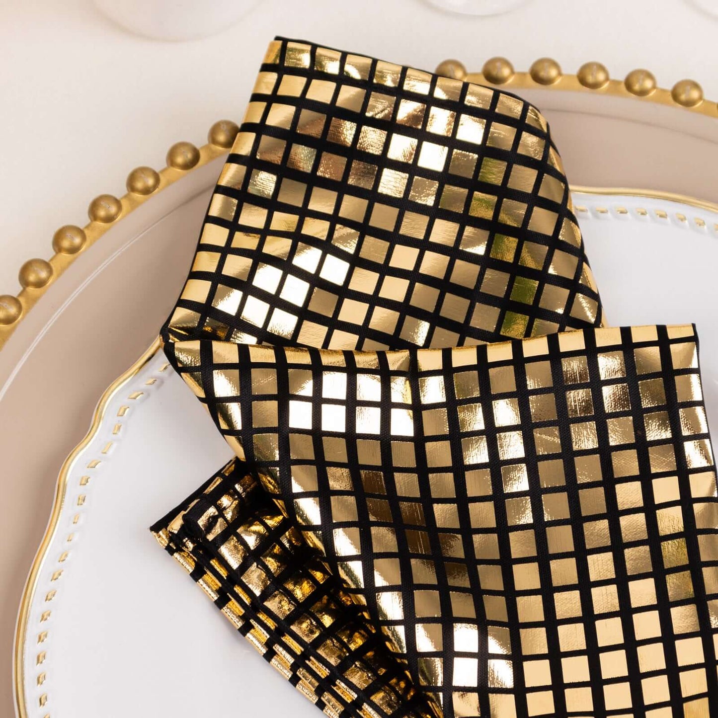 5 Pack Polyester 20"x20" Napkins Black with Reflective Gold Foil for Luxe Events & Retro Themes