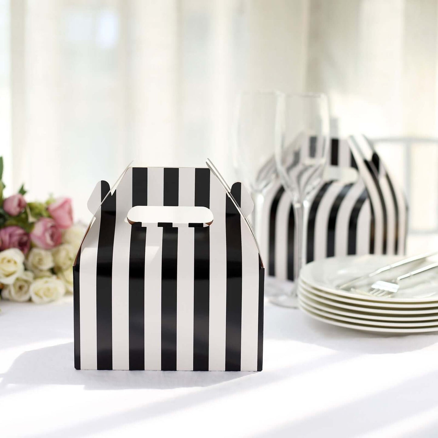 25 Pack White Black Striped Candy Gift Tote Gable Boxes, Party Favor Treat Bags - 6"x3.5"x7"