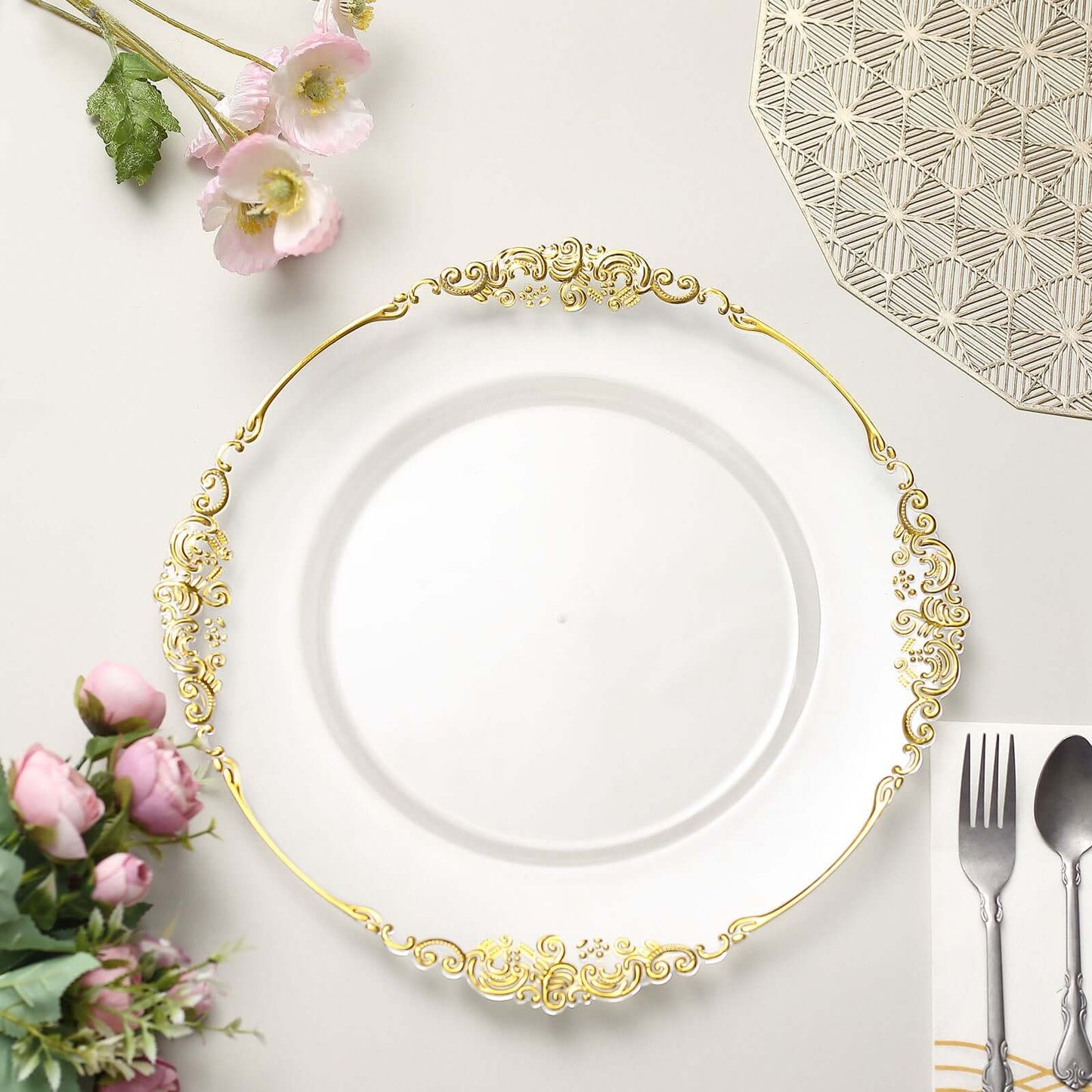 6-Pack Acrylic Round Charger Plates 13" in Clear with Gold Embossed Baroque Rim, Antique Decorative Dinner Party Charger Tableware