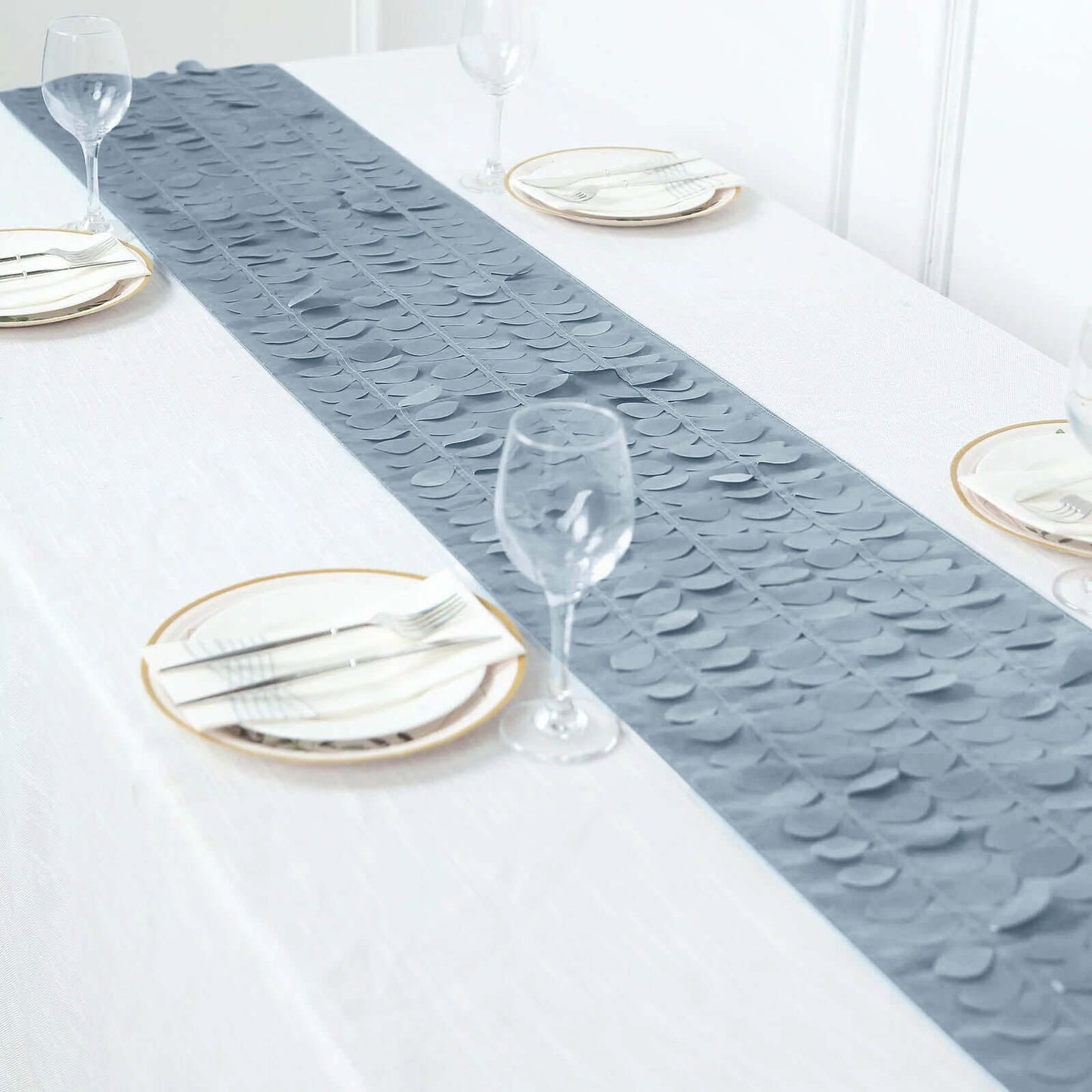 Taffeta Fabric 12"x108" Table Runner Dusty Blue - 3D Leaf Petal Design