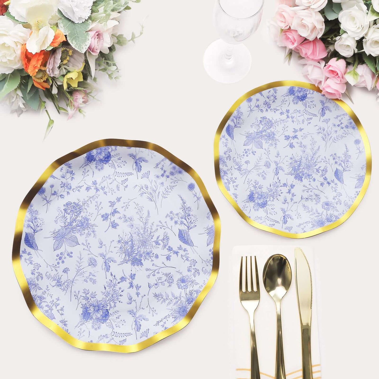 25-Pack Paper Round Dessert Plates 8" in White with Blue French Toile Pattern & Gold Wavy Rim - Disposable 350GSM Salad Plates