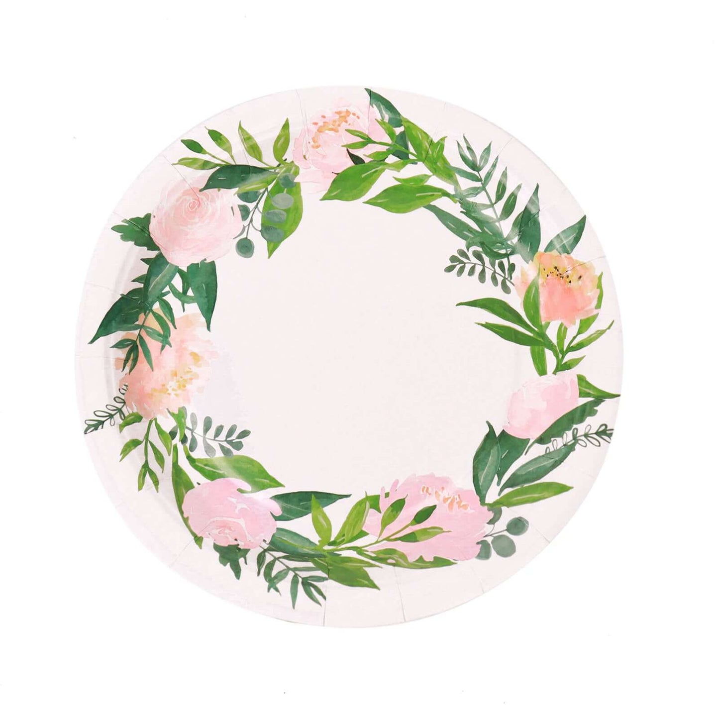 25-Pack Paper 7" Round Dessert Plates in White with Rose/Peony Flower Wreath - Disposable Appetizer Salad Plates for Special Occasions & Gatherings