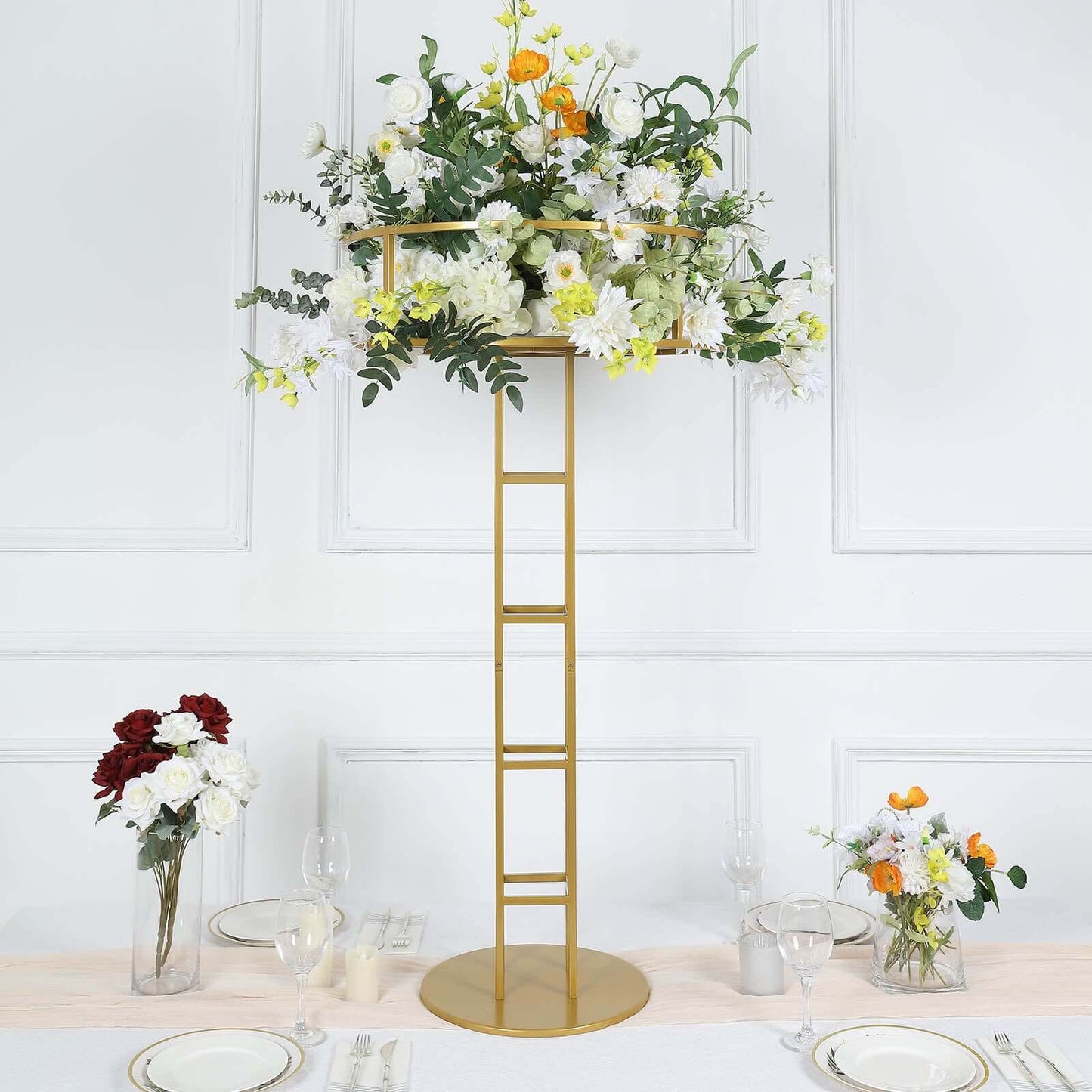 Metal Wedding Centerpiece Open Frame Design Gold - Grand Halo Top Floral Riser Pedestal 46"