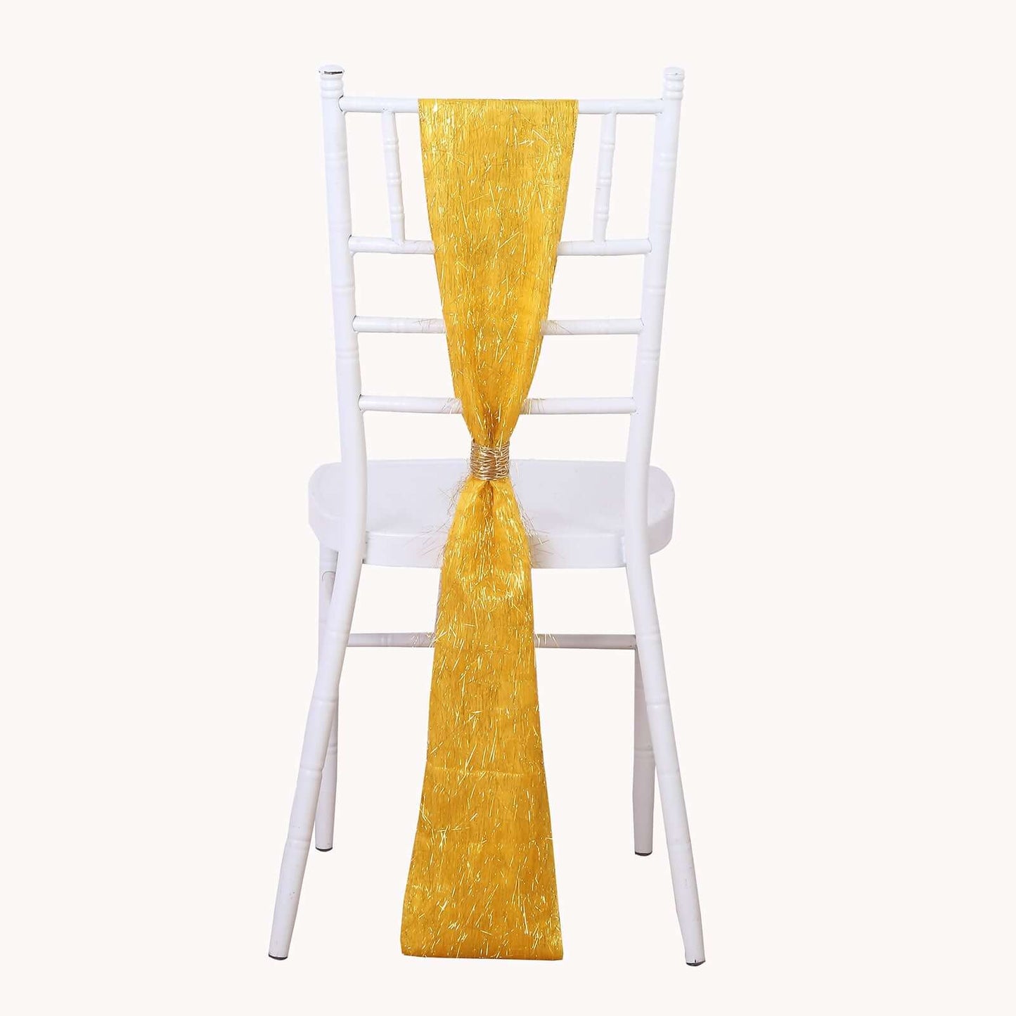 5 Pack Polyester Chair Sashes Gold Metallic Tinsel Fringe - Easy to Use Sparkly Chair Bows 6"x108"
