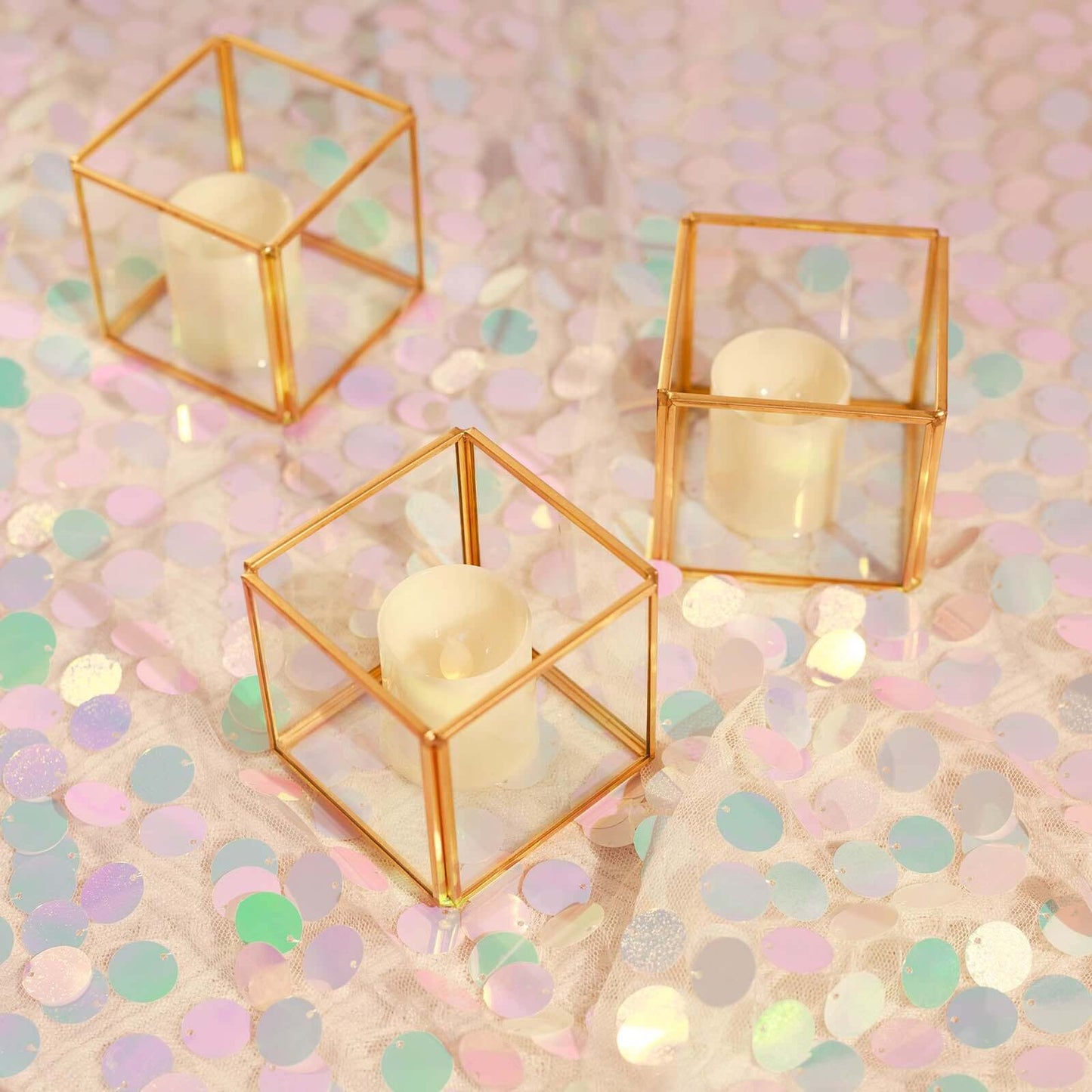 3-Pack Glass Tealight Votive Candle Holders Square Cube Design Clear with Gold Metal Frame - Stackable 3"