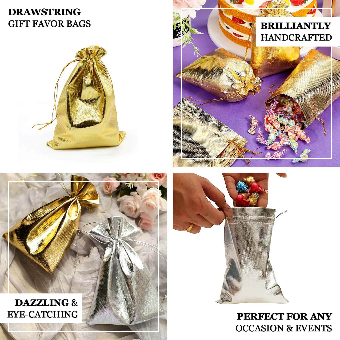 10 Pack Metallic Silver Lame Polyester 5"x7" Party Favor Gift Bags, Shiny Fabric Drawstring Candy Pouch
