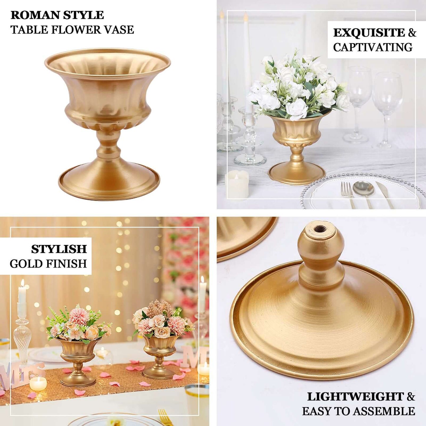 2-Pack Metal Pedestal Flower Vases Roman Style Gold - Sophisticated Mini Compote Vase for Table Settings 6"