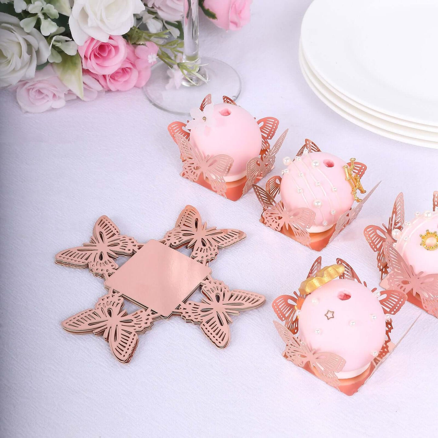 50-Pack Mini Paper Truffle Cup Liners Butterfly Square Design Metallic Rose Gold - 225GSM Cupcake Tray Wrappers 4"