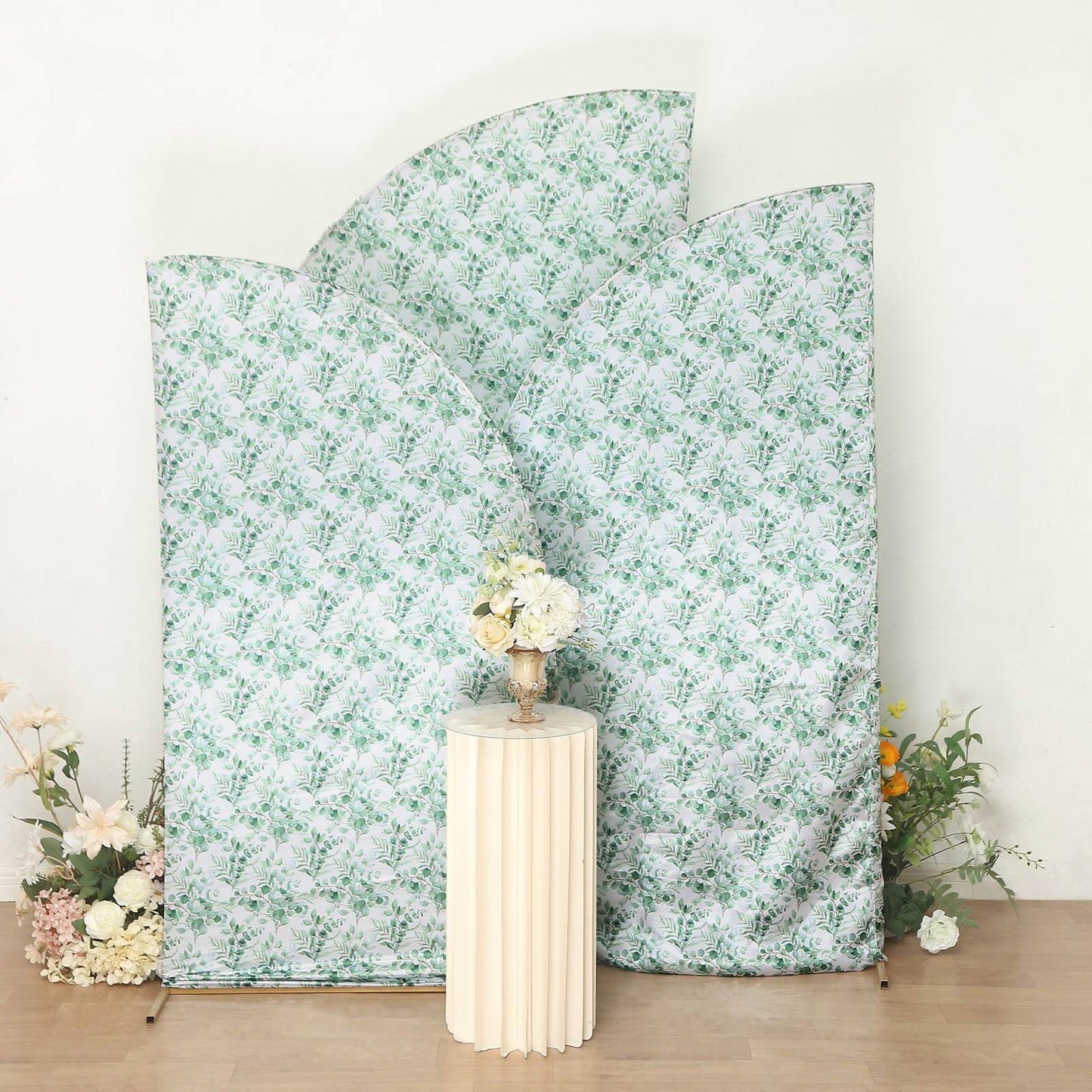 Set of 3 White Green Satin Chiara Wedding Arch Covers With Eucalyptus Leaves Print, Fitted Covers For Half Moon Backdrop Stands - 5ft, 6ft, 7ft