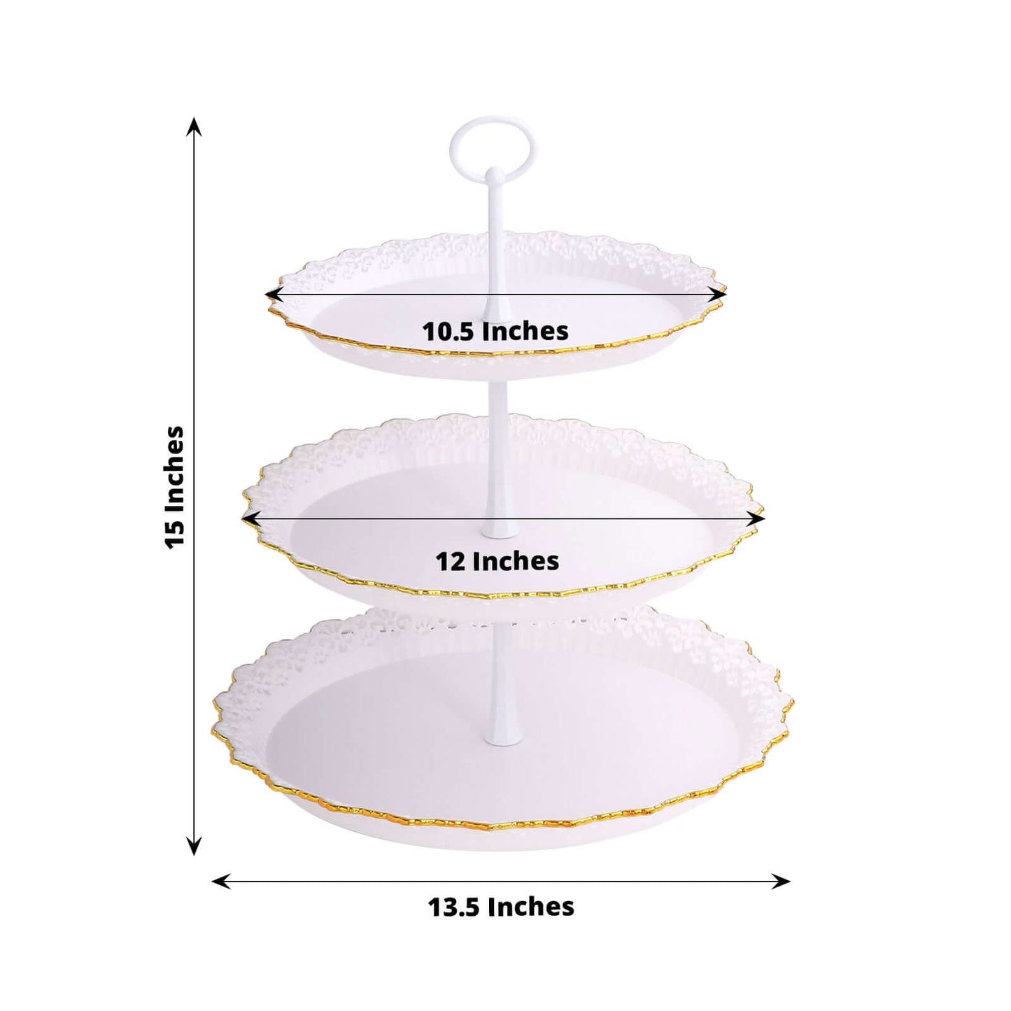 3-Tier Plastic Round Cupcake Stand 15" White with Lace Gold Rim Scalloped Edges