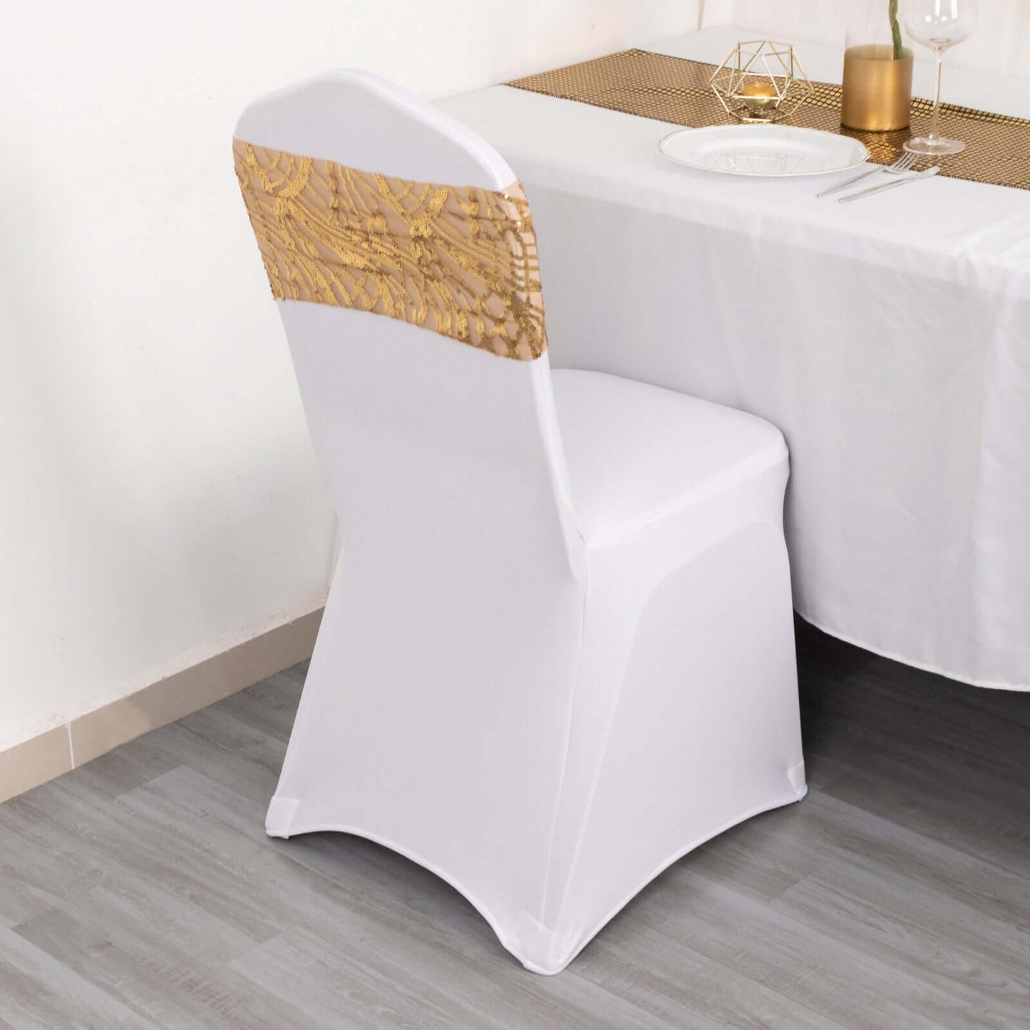 5 Pack Chair Sash Bands with Wave Embroidered Sequins Gold - Gleaming Accent for Weddings & Banquets