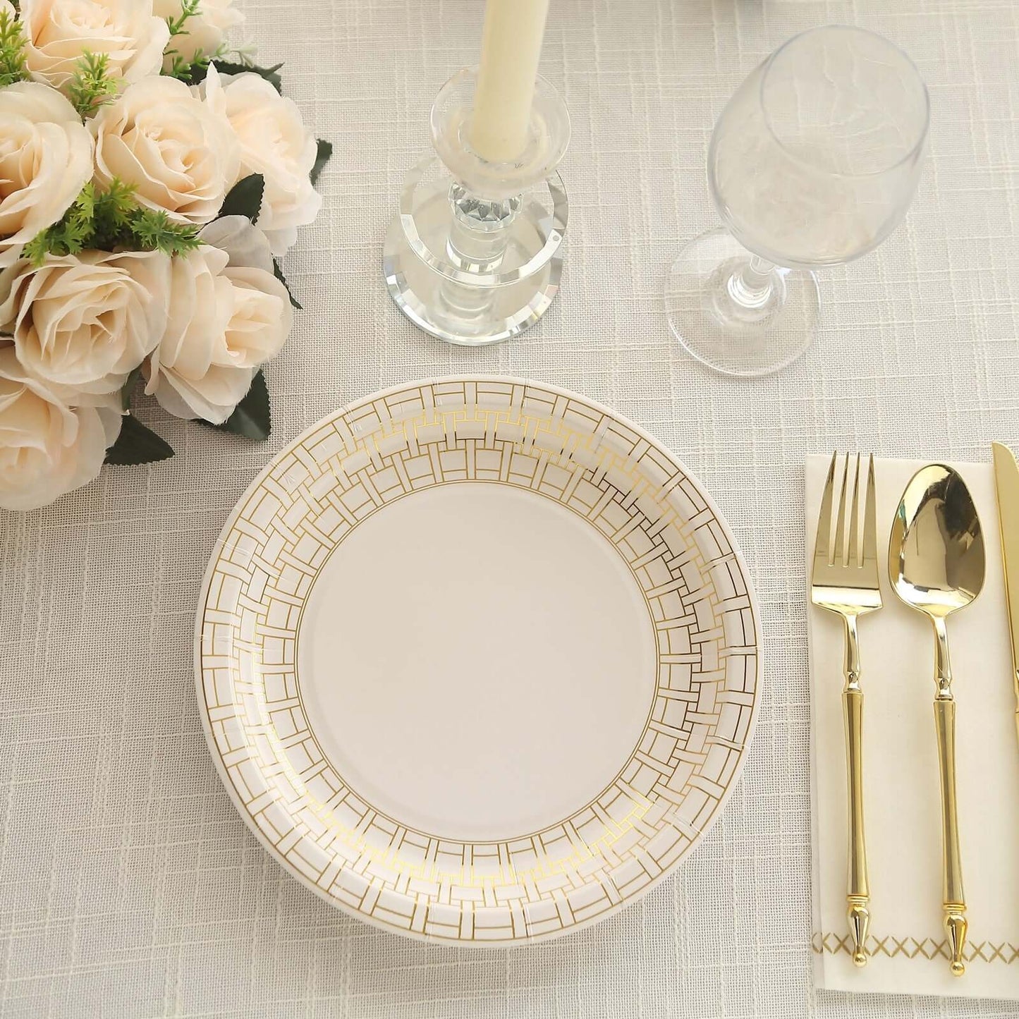 25-Pack Paper 9" Round Dinner Plates in White with Gold Basketweave Rim - Disposable Party Plates for Stylish SoirÃ©es & Festive Brunches