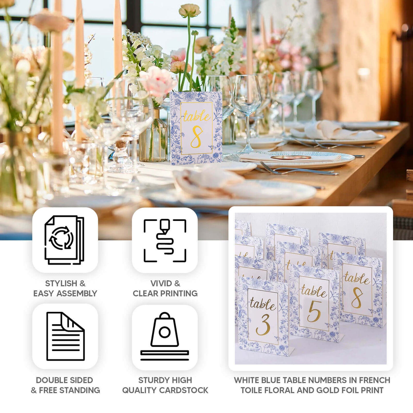 25-Pack Paper Wedding Table Numbers 1-25 White/Blue French Toile Design - Free Standing Double Sided Table Signs with Glam Gold Foil Numbers 7"