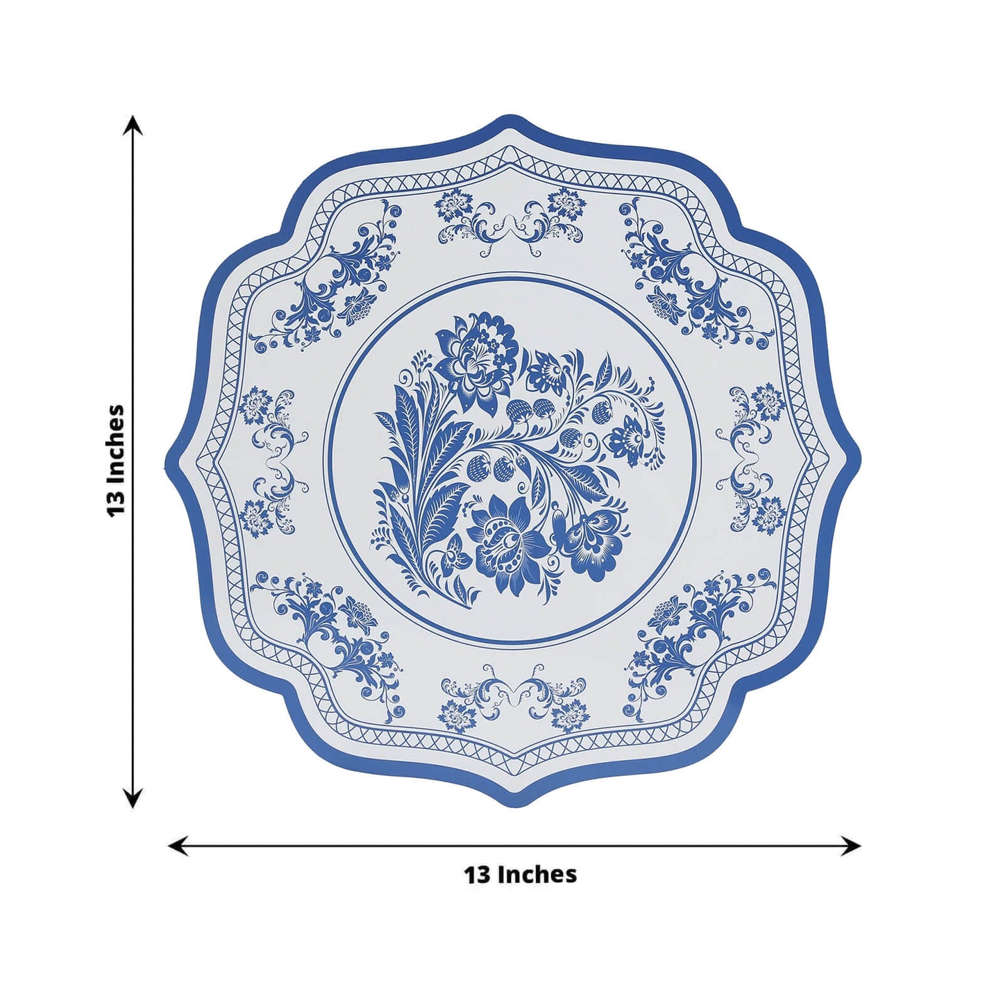 10 Pack Cardboard Paper Table Mats with White Royal Blue Damask Floral Pattern, 13" Round Disposable Placemats with Scalloped Rim - 400 GSM