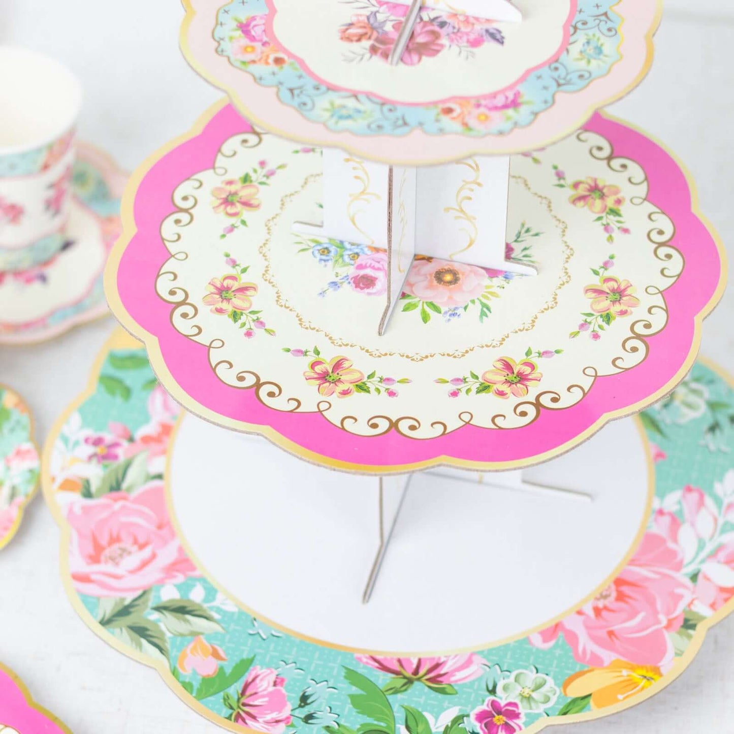 2-Pack Cardboard Round Cupcake Stand Assorted Floral Design - 3-Tier Reusable Dessert Display Pedestal With Scalloped Edges for Garden-Themed Celebrations 14"