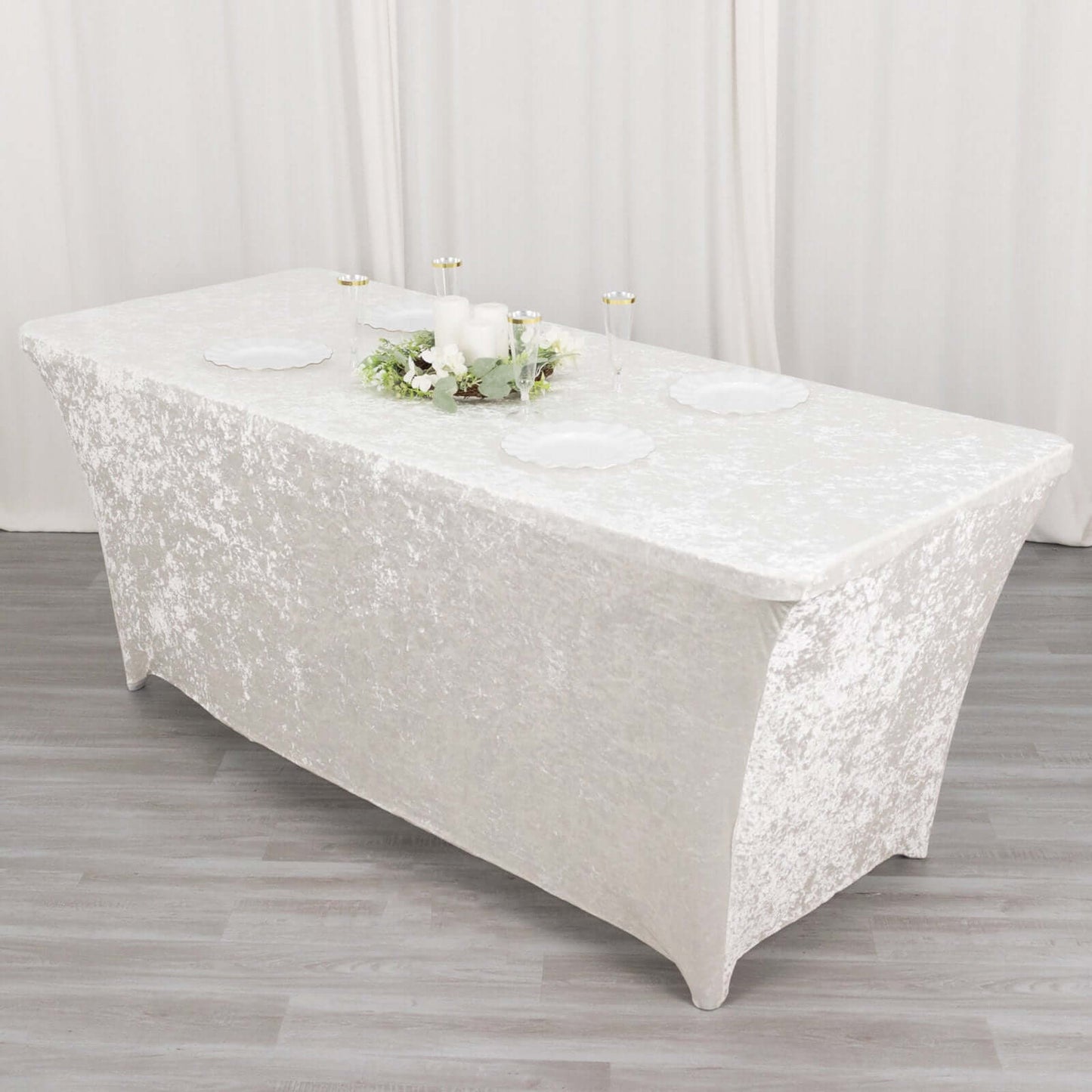 Crushed Velvet Fitted Rectangular 6ft Table Cover White - Wrinkle-Free Stretchy Tablecloth for Weddings and Banquets