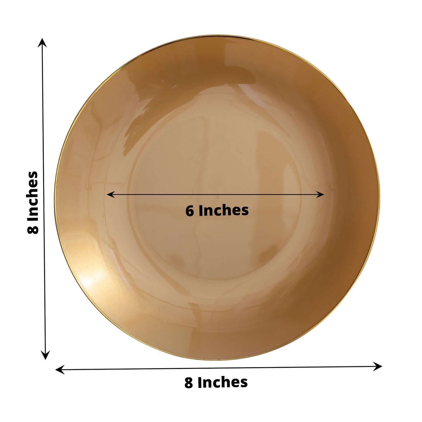10-Pack Plastic 8" Round Dessert Plates in Gold with Gold Rim - Glossy Disposable Appetizer Salad Plates