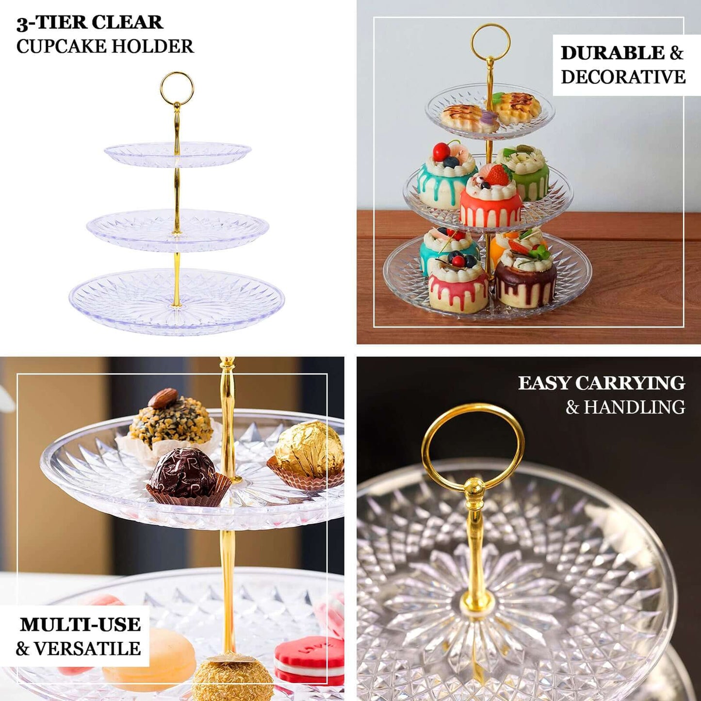 3-Tier Acrylic Cupcake Stand Clear - Sturdy Dessert Serving Tray Platter with Gold Top Handles for Classy Special Occasions & Dessert Buffets 12"