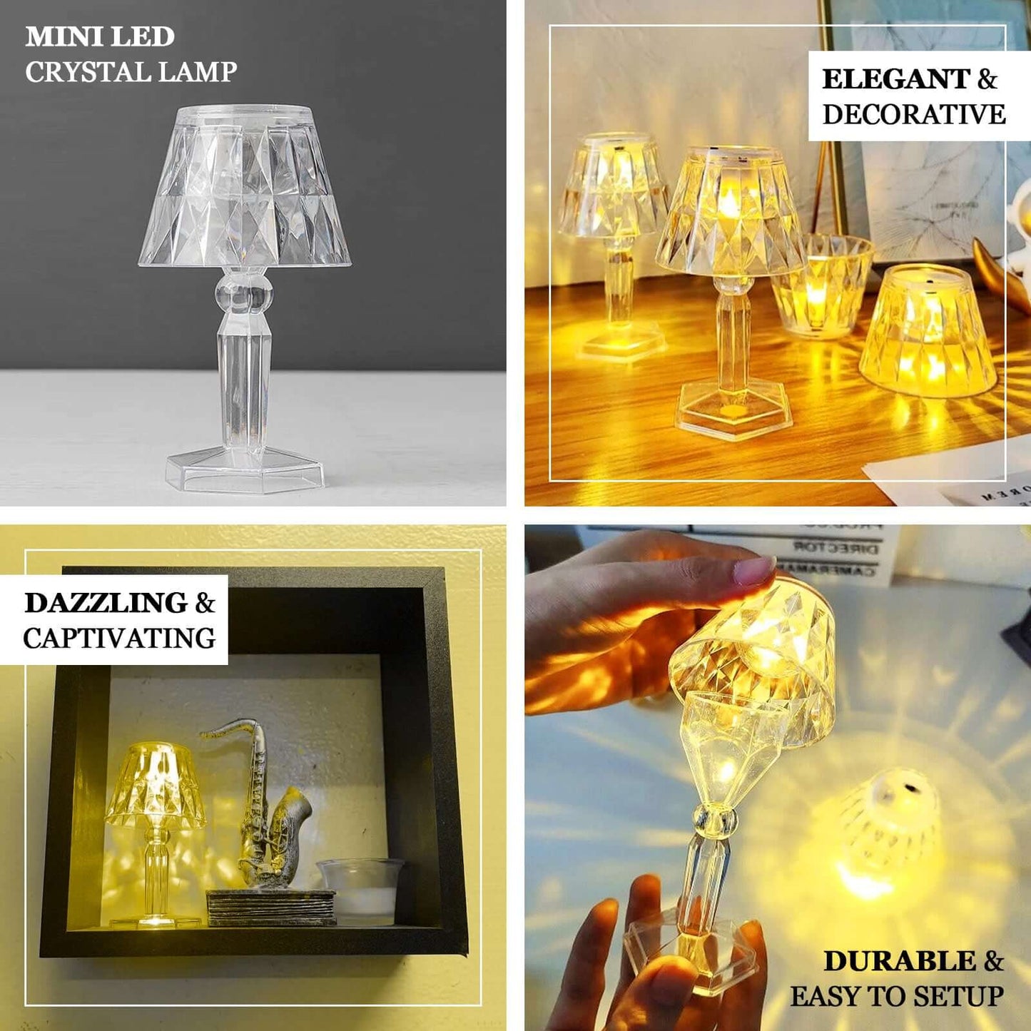 6-Pack Clear Crystal Acrylic LED Lamps Warm White Decorative Design - Accent Night Lights 4.5"
