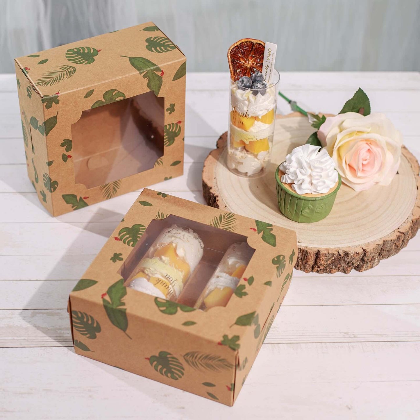 12-Pack Cardstock Cookie Boxes with Display Window - Tropical Leaf Design Disposable Treat Bakery Boxes for Donuts Cupcakes Strawberries & Pastries 6"x6"x3"