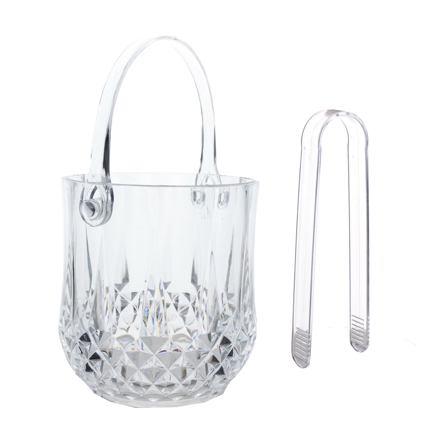 3-Pack Clear Plastic Small Ice Buckets with Handle & Tongs in Crystal-Cut Design 5"x5"