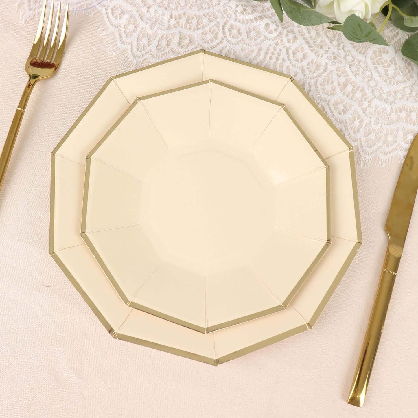 25-Pack Paper 7" Decagon Appetizer Plates in Beige with Gold Foil Rim
