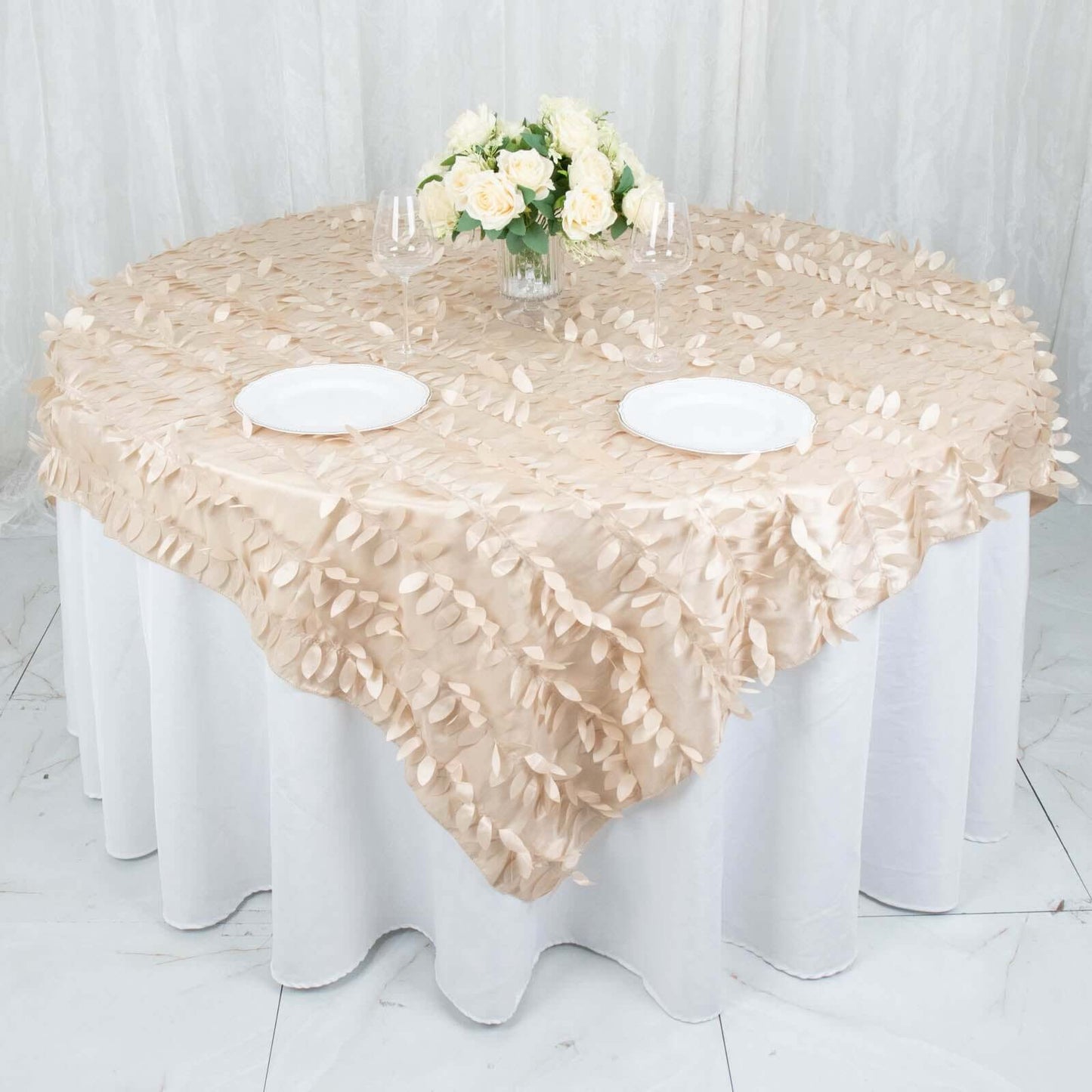 Taffeta 72"x72" Table Overlay Square Tablecloth Beige - 3D Leaf Petal Table Cover