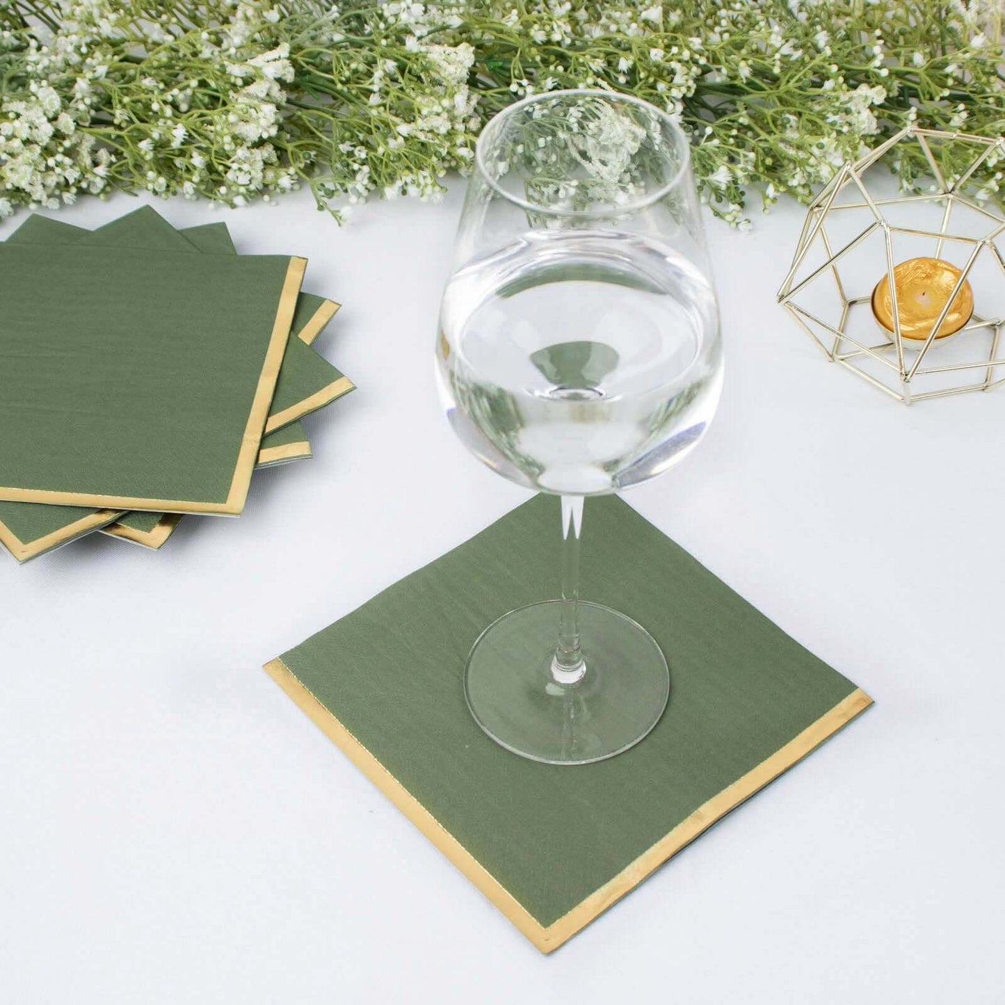 50-Pack Paper Beverage Napkins with Gold Foil Olive Green - Disposable 2 Ply Cocktail Napkins for Events 6.5"x6.5"